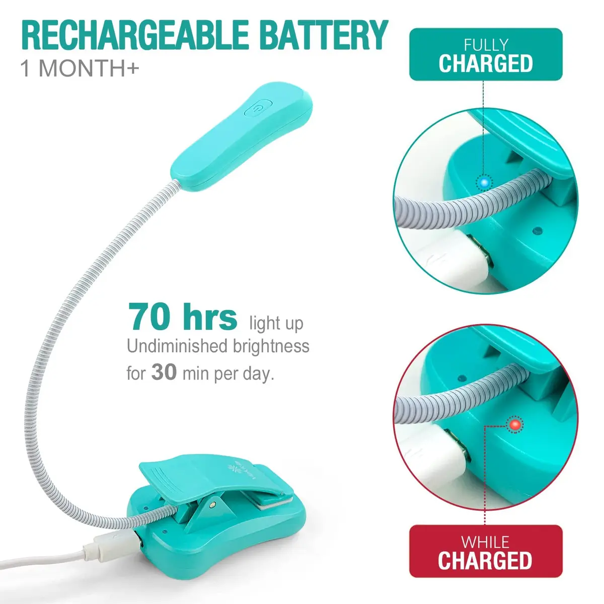 Vekkia Rechargeable Book Light Blue 10.5cm (4.1in) | 3 Color x 3 Brightness, 70 Hours Lighting - view 4