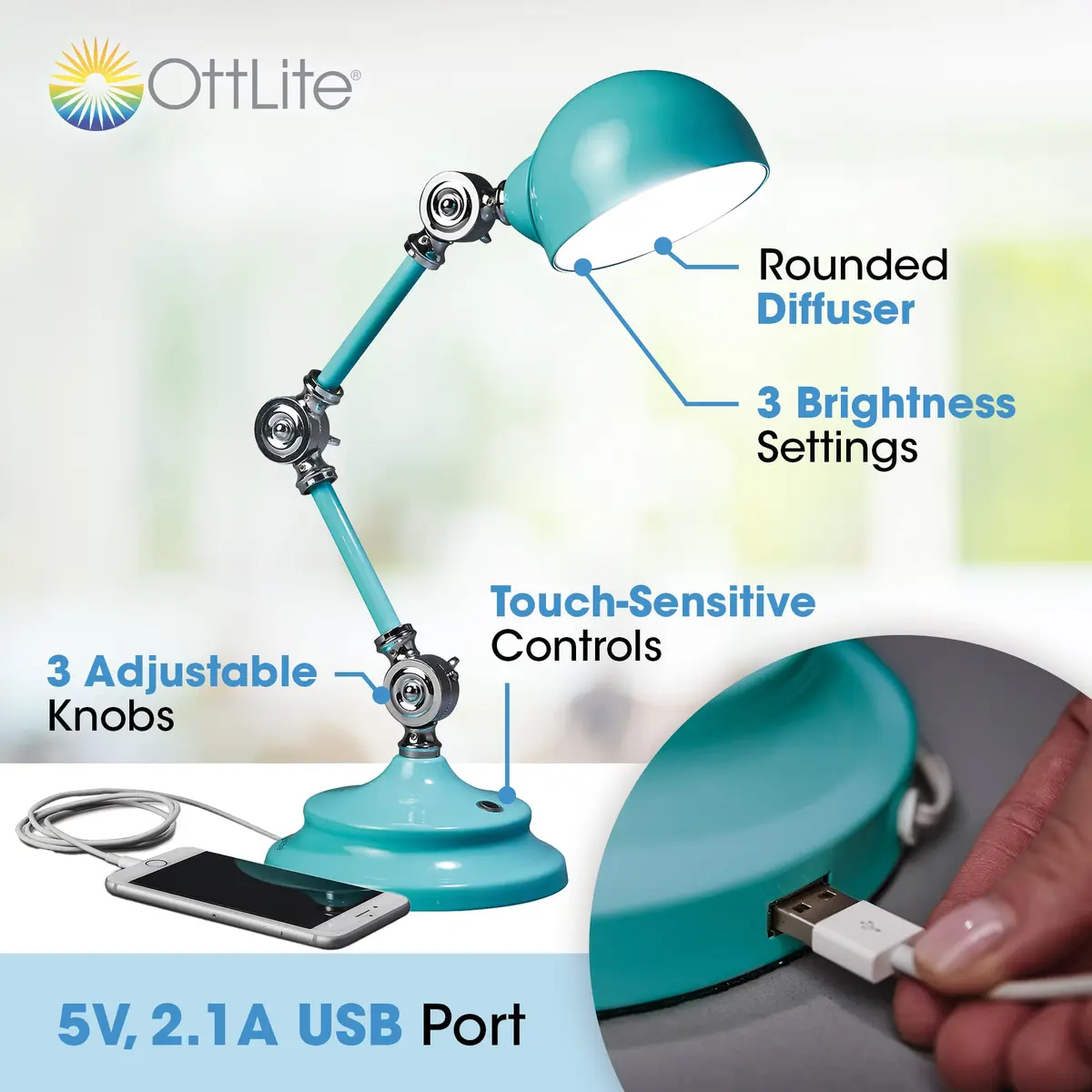 OttLite Revive LED Desk Lamp with USB Port, Turquoise | Natural Light, Eye-Friendly, Adjustable Height - view 2