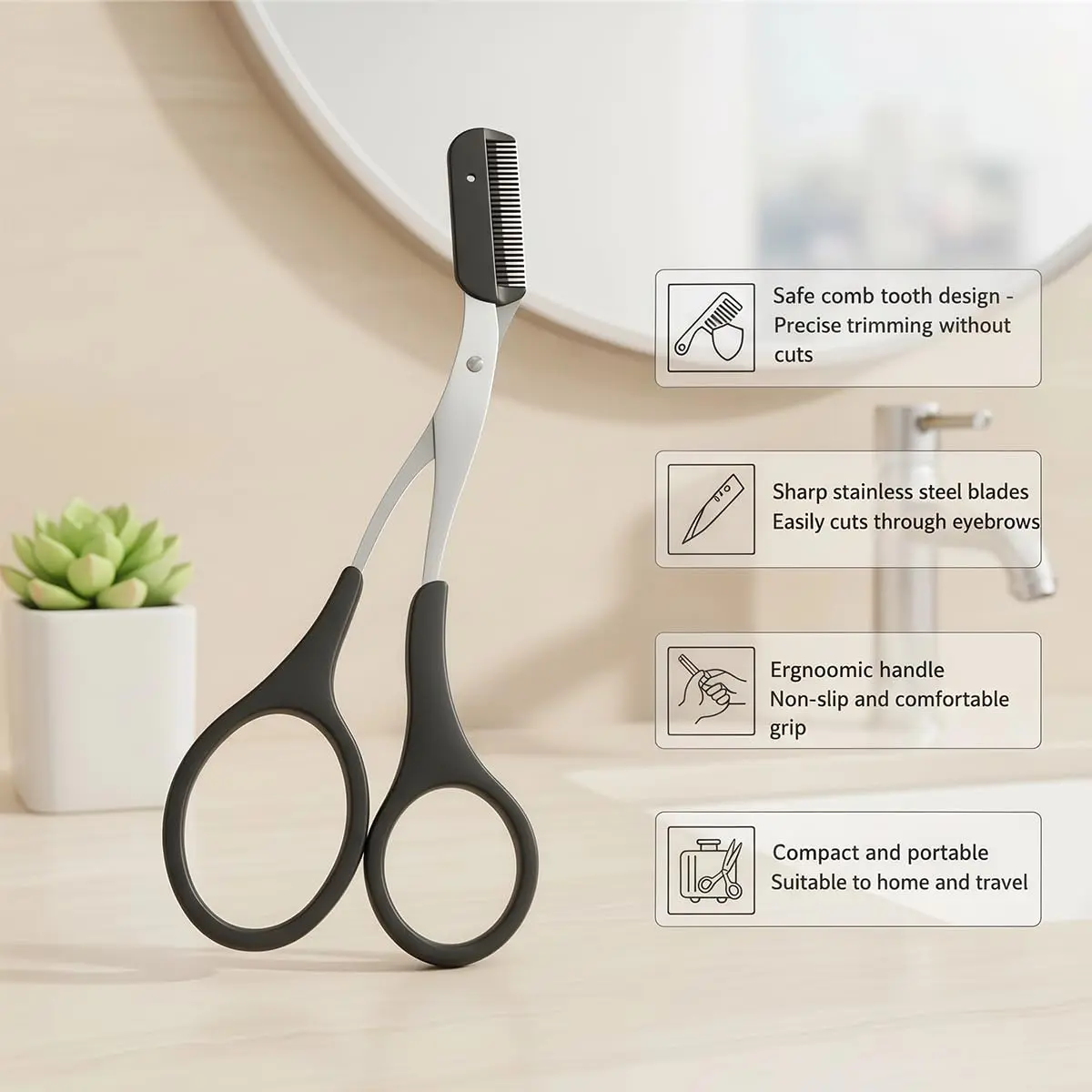 ericotry Professional Eyebrow Trimmer Scissors with Comb & Non-Slip Grips, Black/Silver Tone | Precision Grooming Tool - view 7