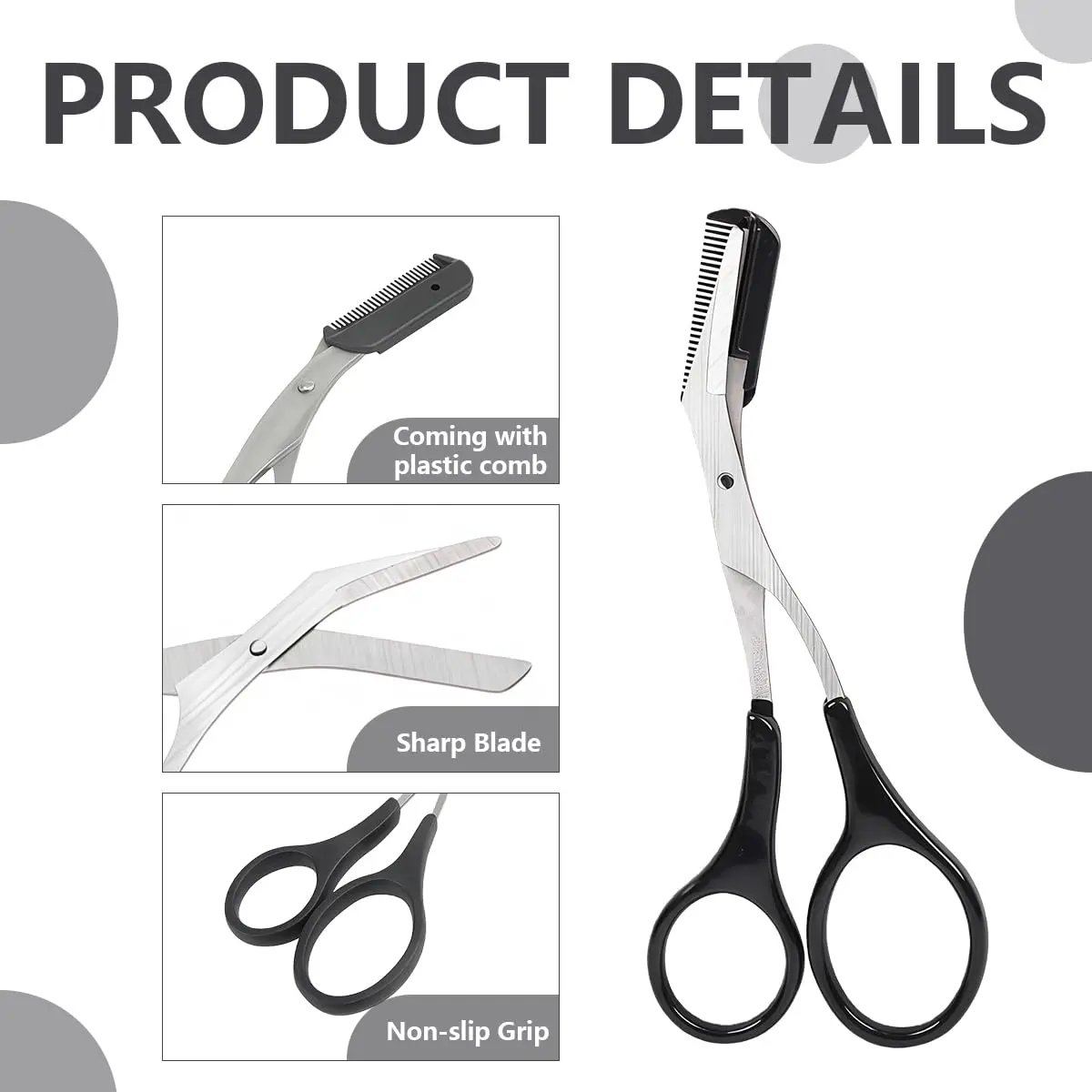 ericotry Professional Eyebrow Trimmer Scissors with Comb & Non-Slip Grips, Black/Silver Tone | Precision Grooming Tool - view 3