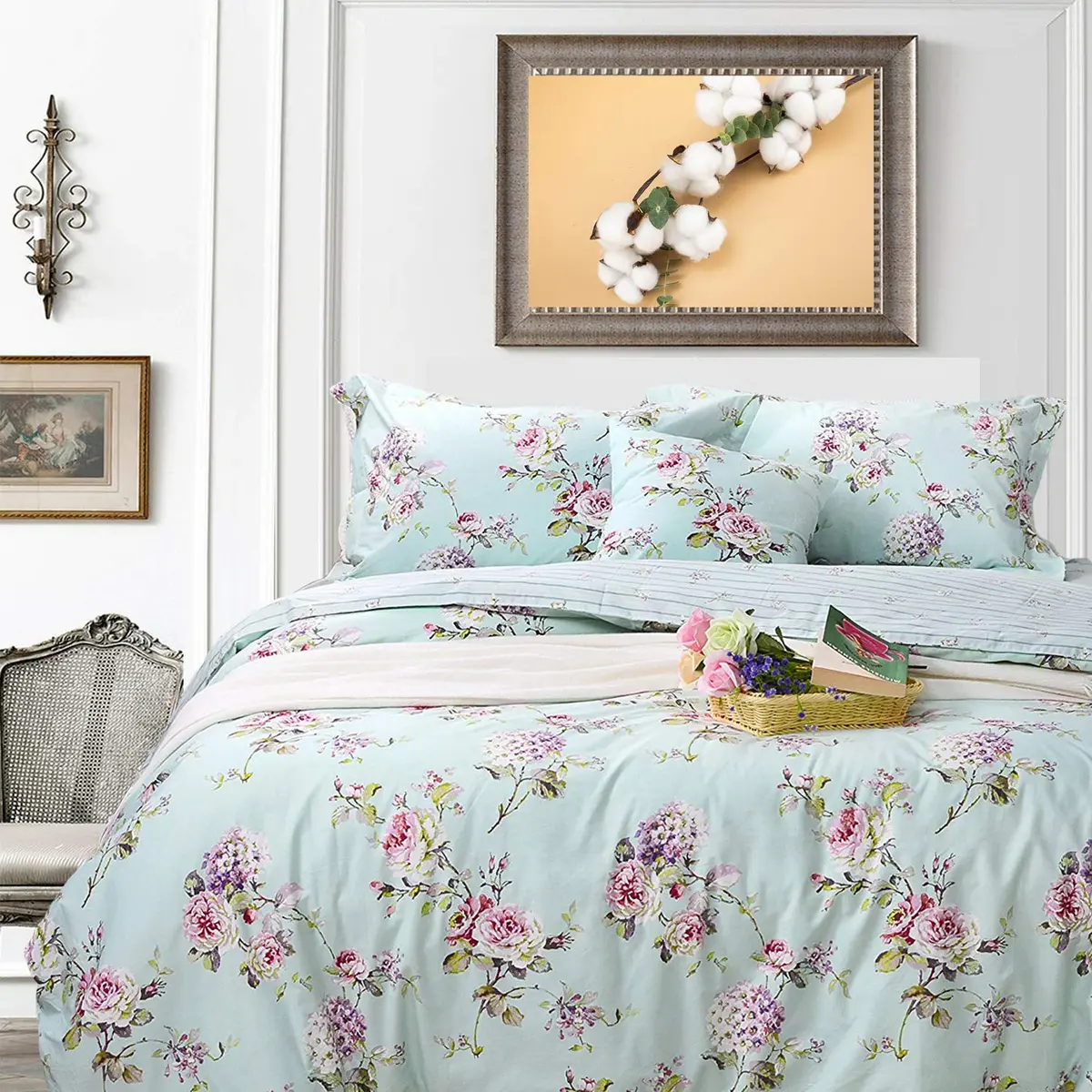 FADFAY Cotton Duvet Cover Set Full Size Blue Floral Bedding Set | Super Soft Purple Hydrangea Flower Print - main product image