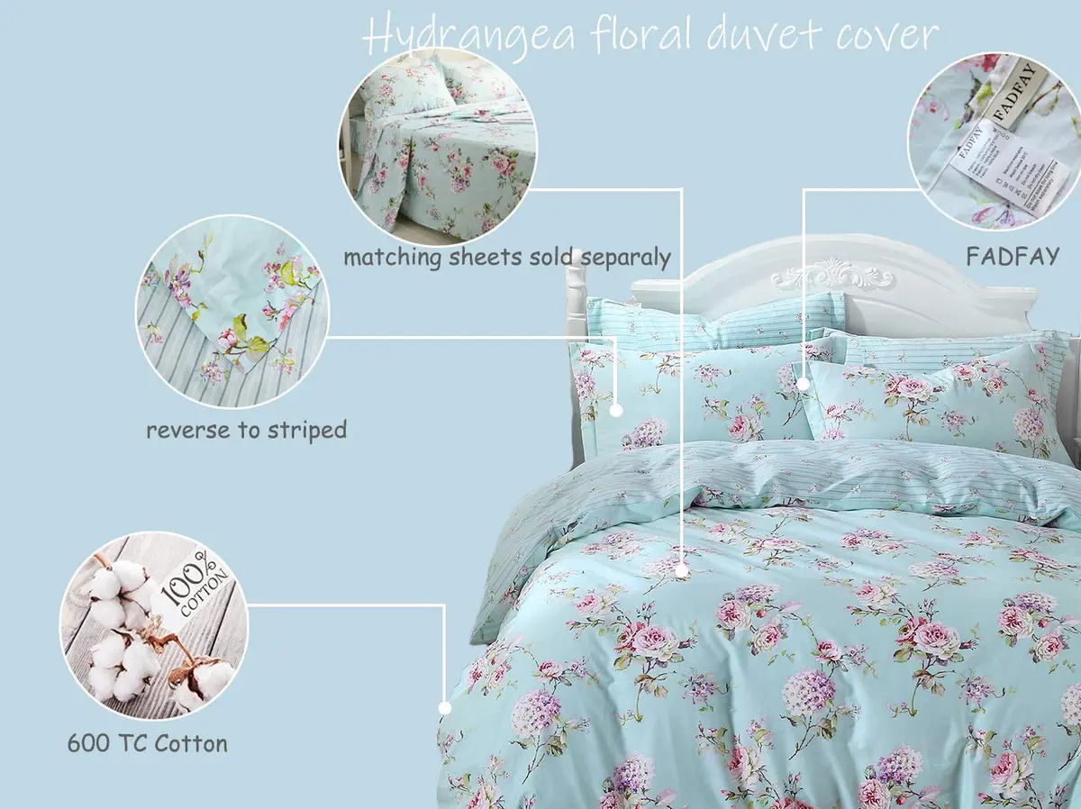 FADFAY Cotton Duvet Cover Set Full Size Blue Floral Bedding Set | Super Soft Purple Hydrangea Flower Print - view 2