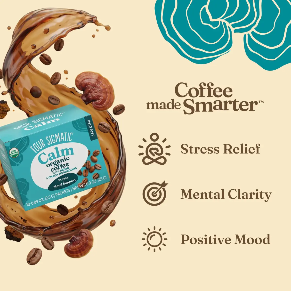 Four Sigmatic Calm Organic Instant Coffee 10 Packets | USDA Organic Medium Roast Arabica with Reishi & Chaga Mushrooms - view 2