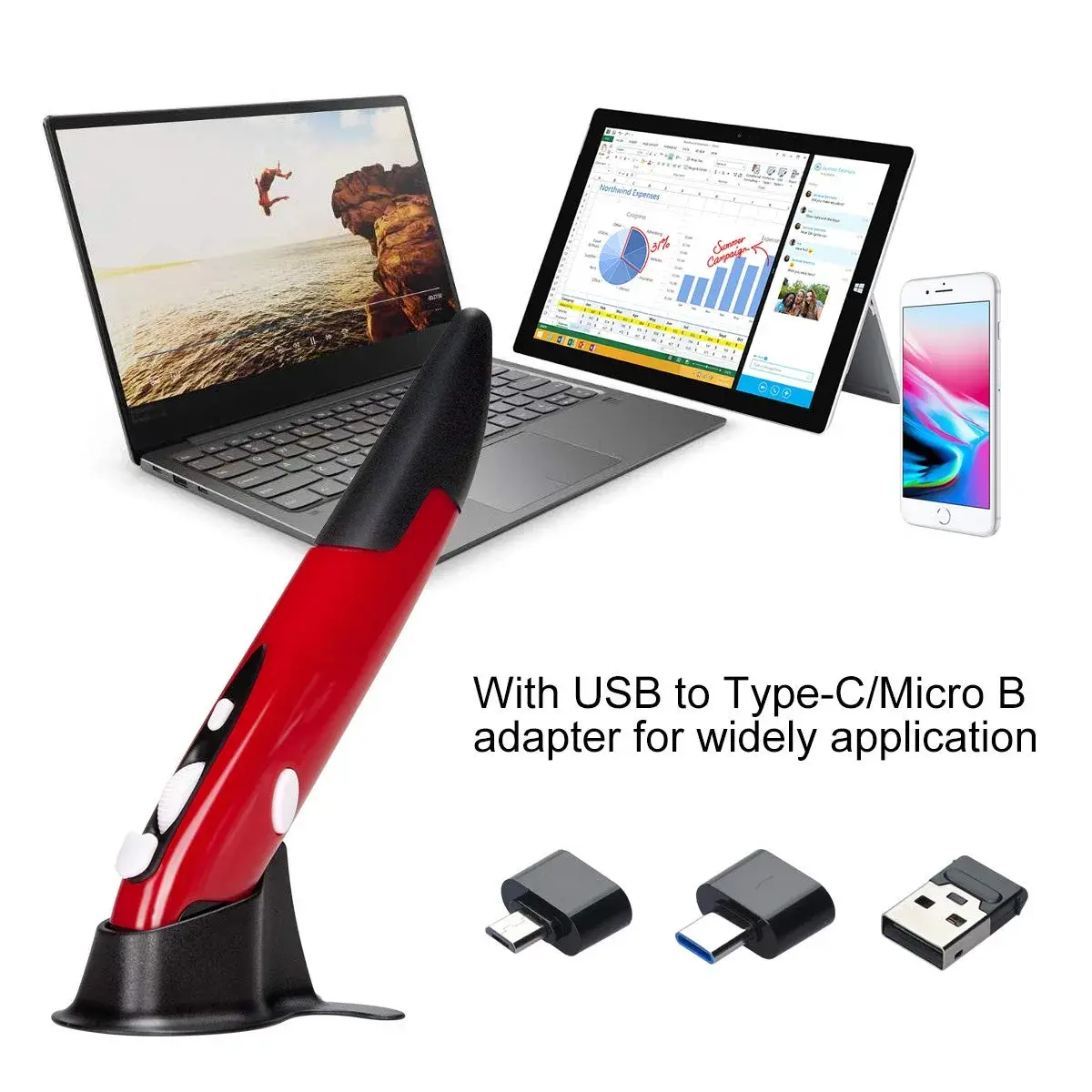 lychee Wireless Optical Pocket Pen Mouse Red | 800/1200/1600 DPI Adjustable Handwriting Mini Mice - view 2