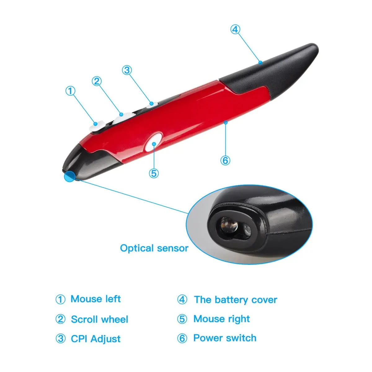 lychee Wireless Optical Pocket Pen Mouse Red | 800/1200/1600 DPI Adjustable Handwriting Mini Mice - view 4