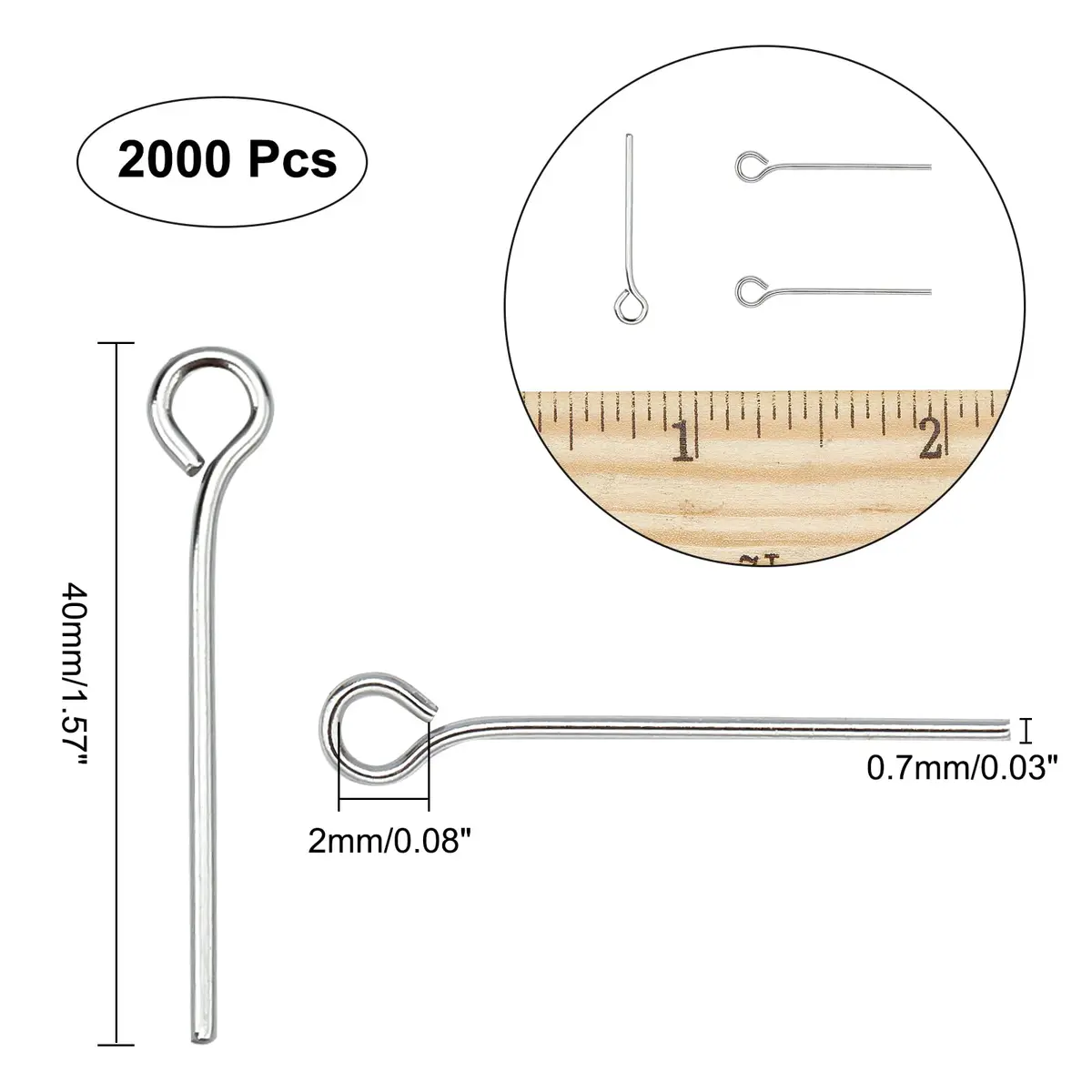 NBEADS 2000 Pcs 40mm Stainless Steel Eye Pins | Jewelry Making Findings for DIY Earrings, Necklaces & Bracelets - view 2