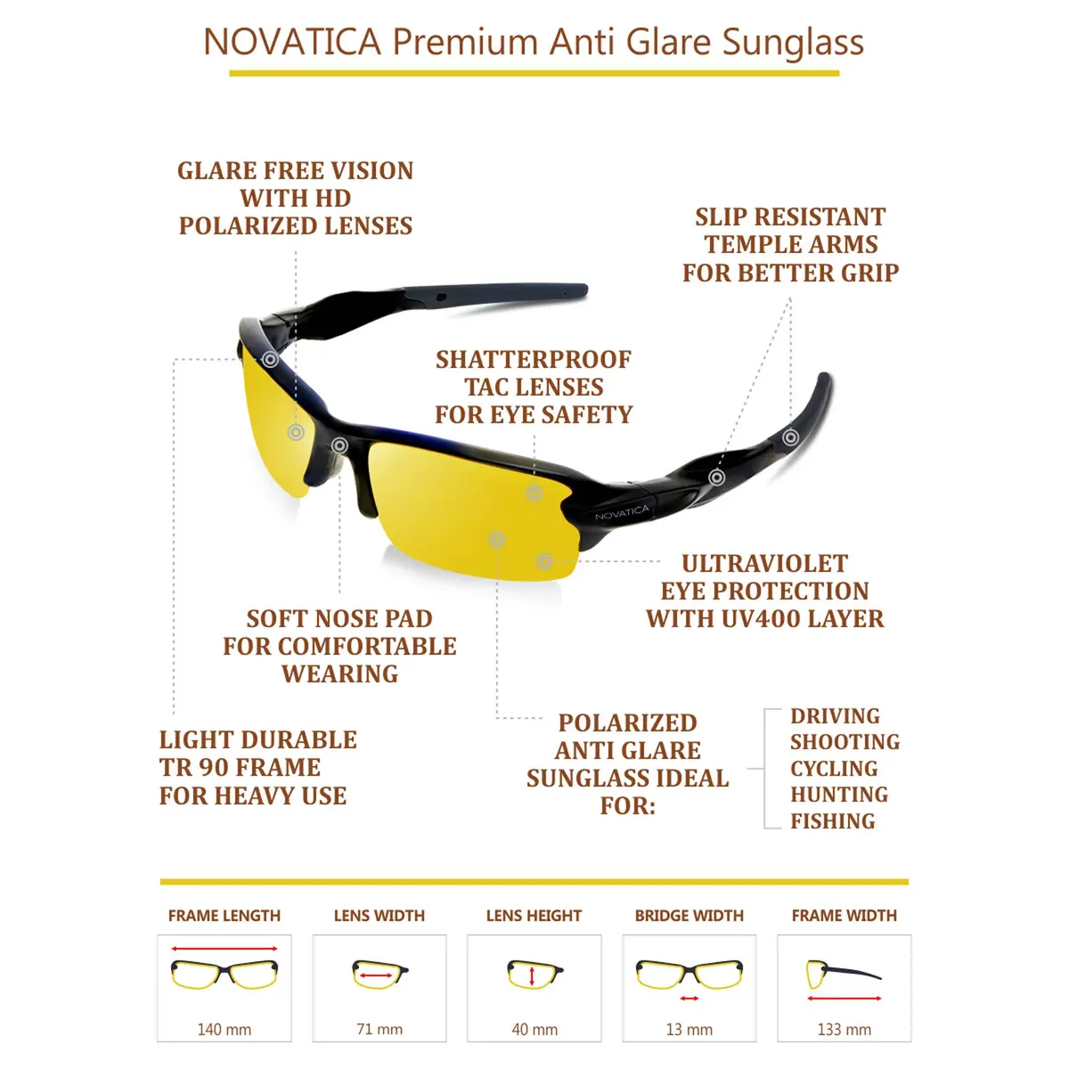 NOVATICA Night Driving Glasses For Men & Women - Anti Glare - Night Vision - Semi Polarized Yellow TAC Lens - UV Protection - view 7