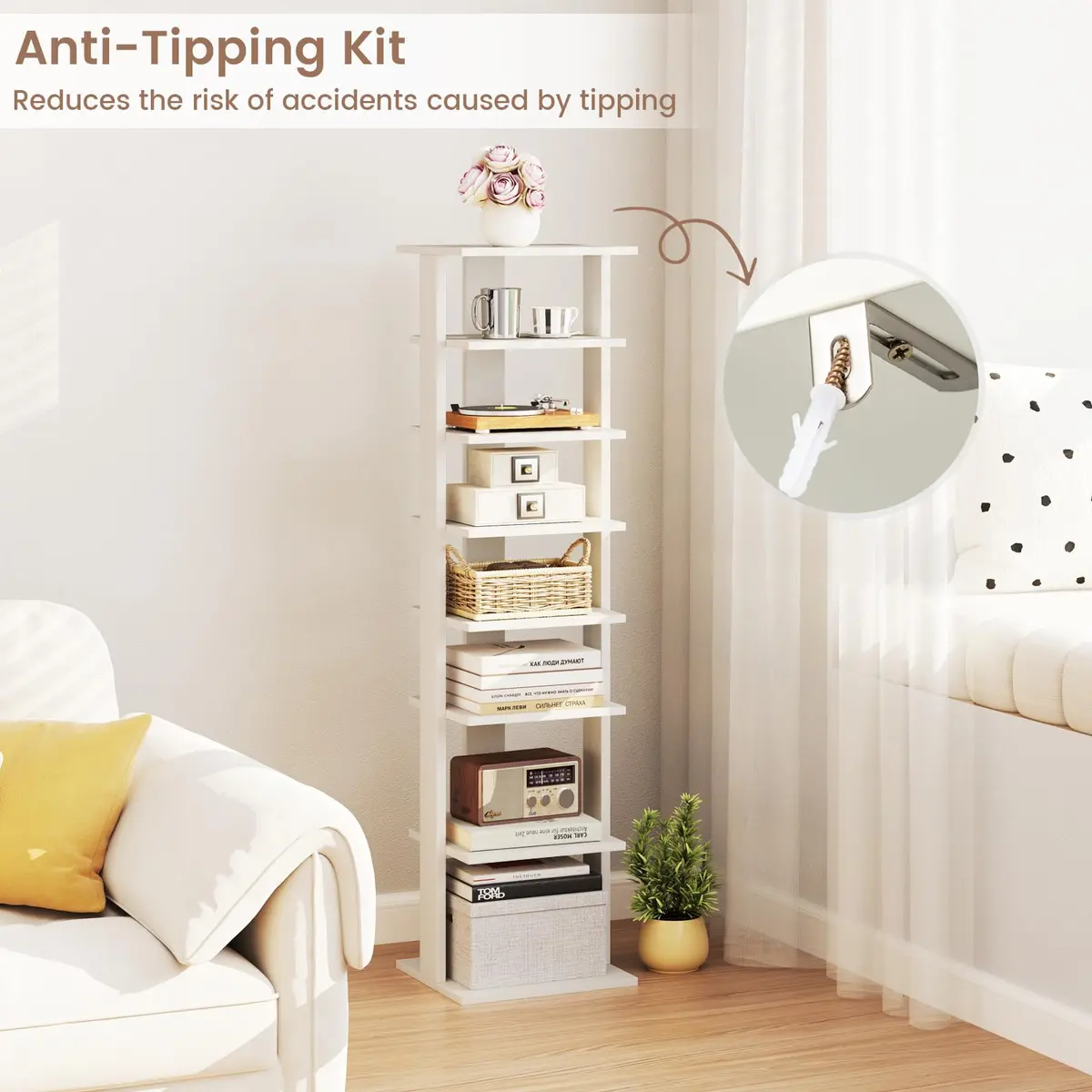 Tangkula 8-Tier Vertical Shoe Rack | Holds 7 Pairs, White | Space-Saving & Durable - view 6