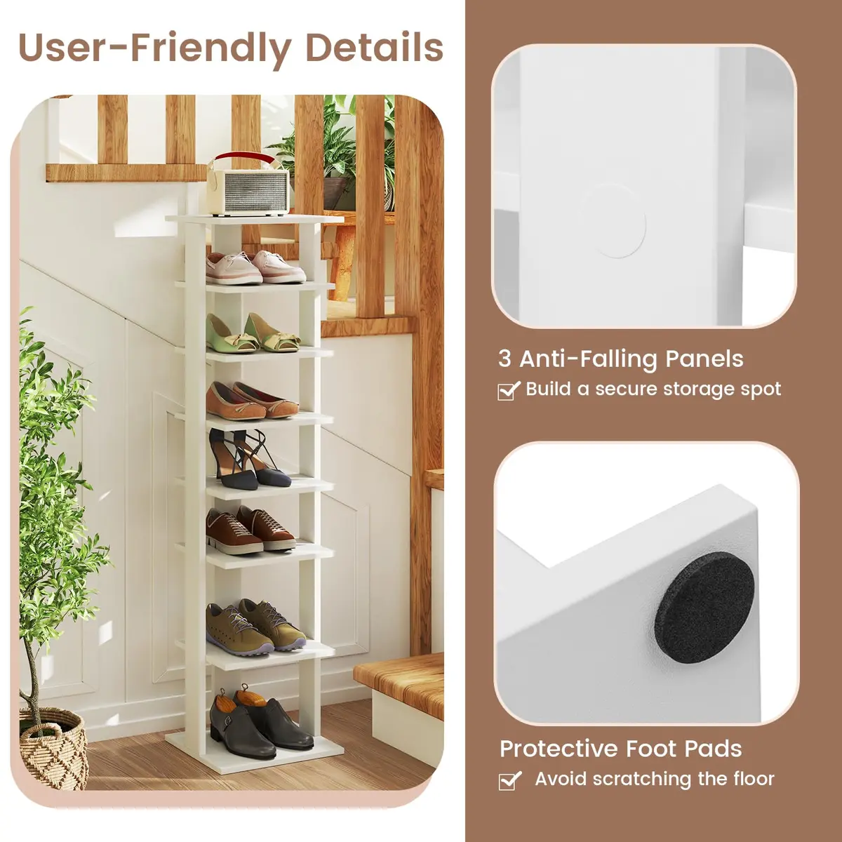 Tangkula 8-Tier Vertical Shoe Rack | Holds 7 Pairs, White | Space-Saving & Durable - view 7