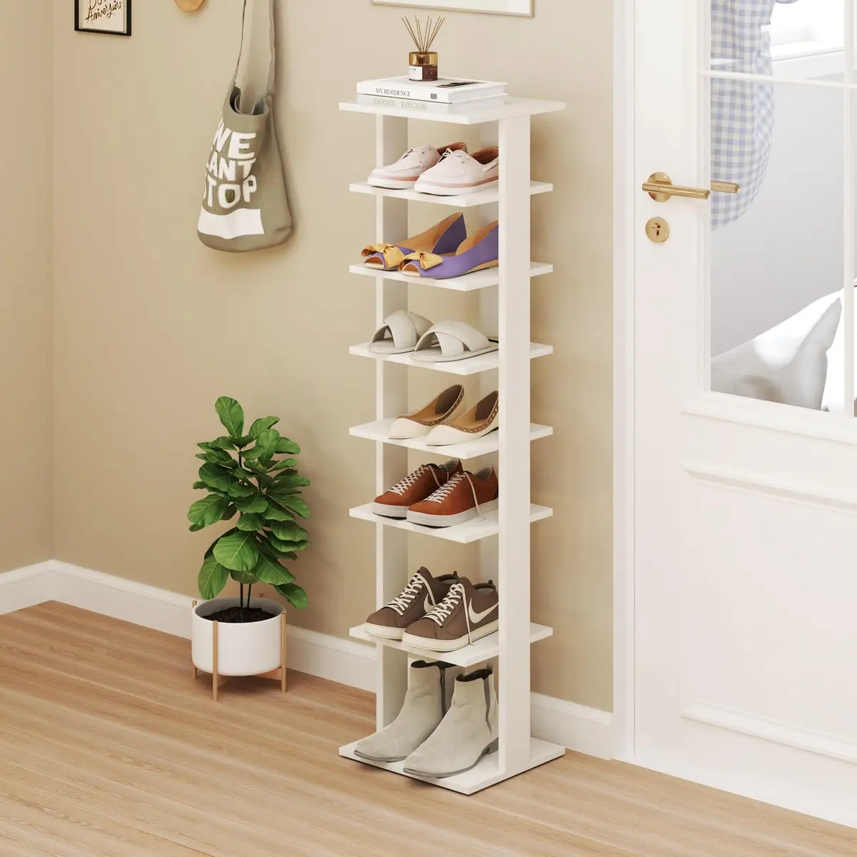 Tangkula 8-Tier Vertical Shoe Rack | Holds 7 Pairs, White | Space-Saving & Durable - view 8