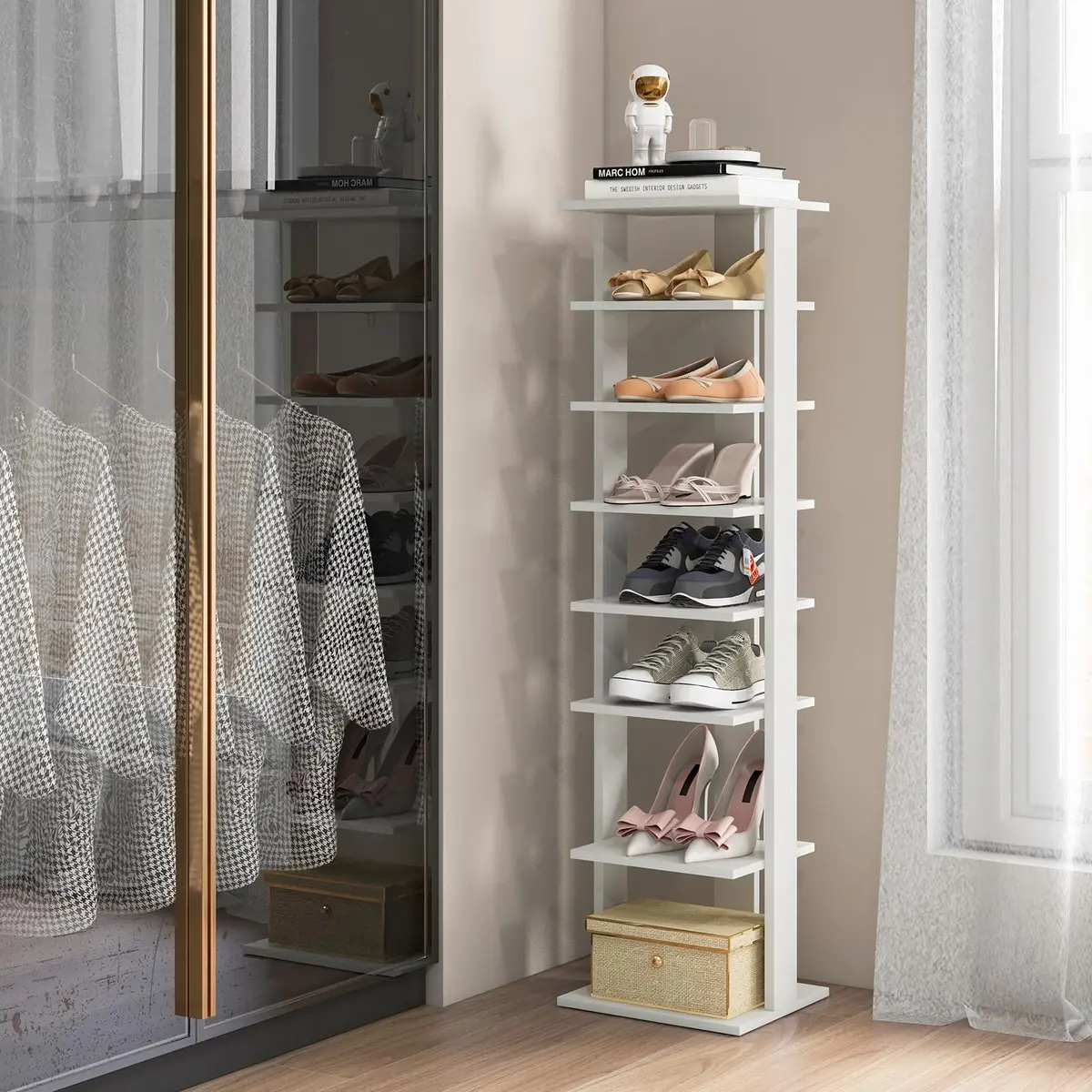 Tangkula 8-Tier Vertical Shoe Rack | Holds 7 Pairs, White | Space-Saving & Durable - view 9