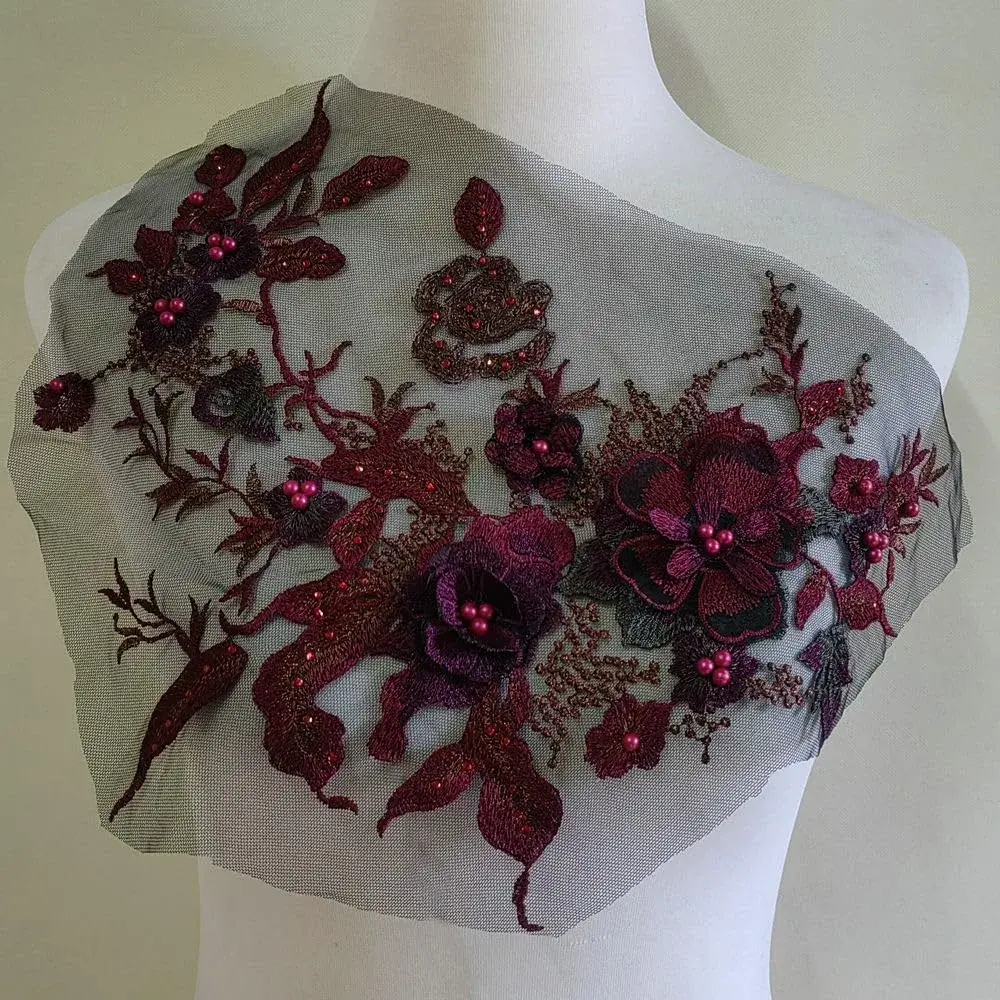 FEEPOP 3D Embroidered Flower Patch - Color B, Red Floral Lace Applique for Wedding Dresses - main product image