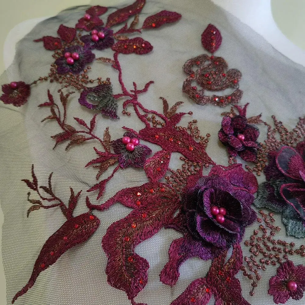 FEEPOP 3D Embroidered Flower Patch - Color B, Red Floral Lace Applique for Wedding Dresses - view 3