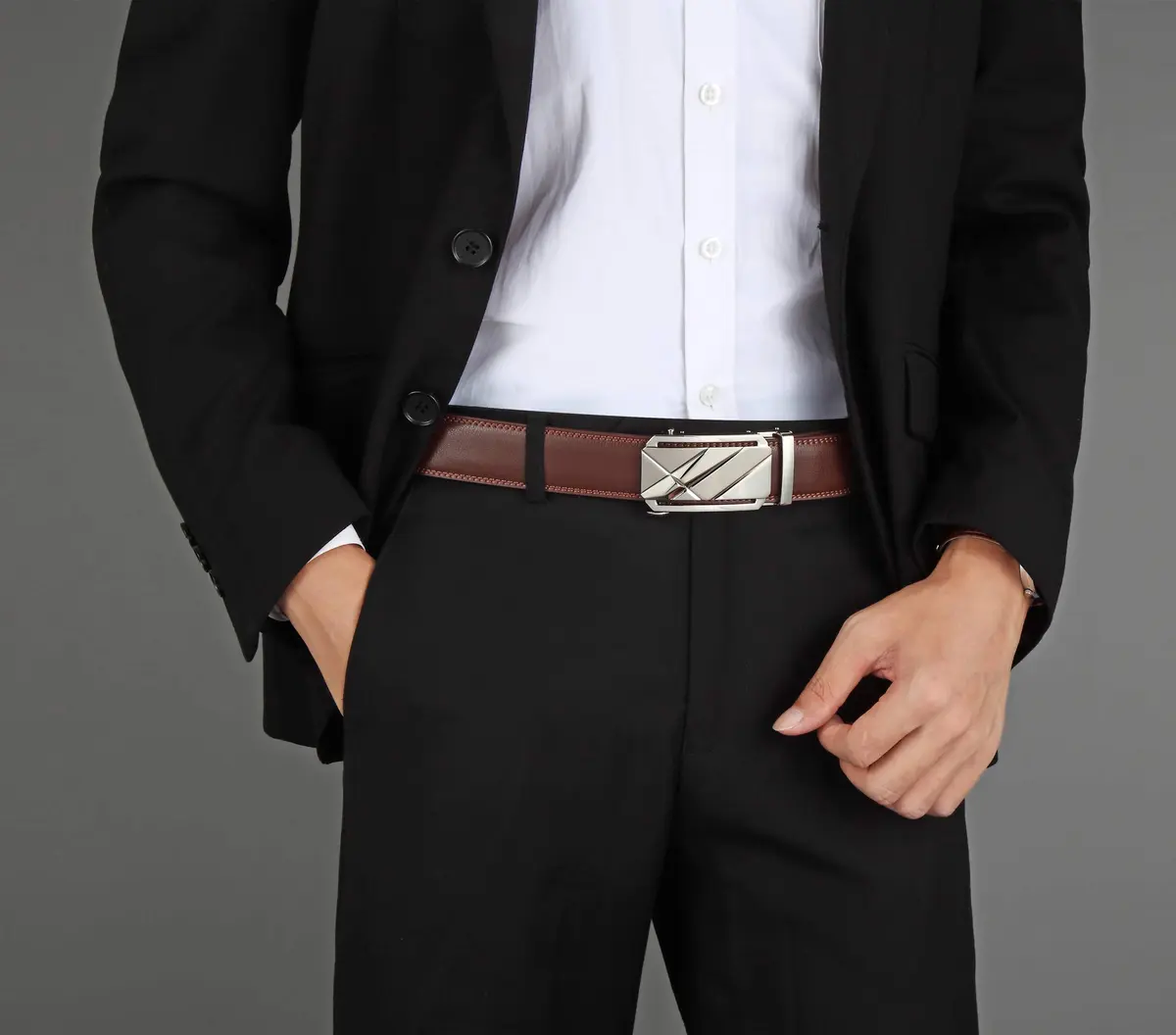 Lingli Men's Ratchet Dress Belt with Automatic Buckle 35mm | Adjustable, Genuine Leather, Brown/Black - view 5