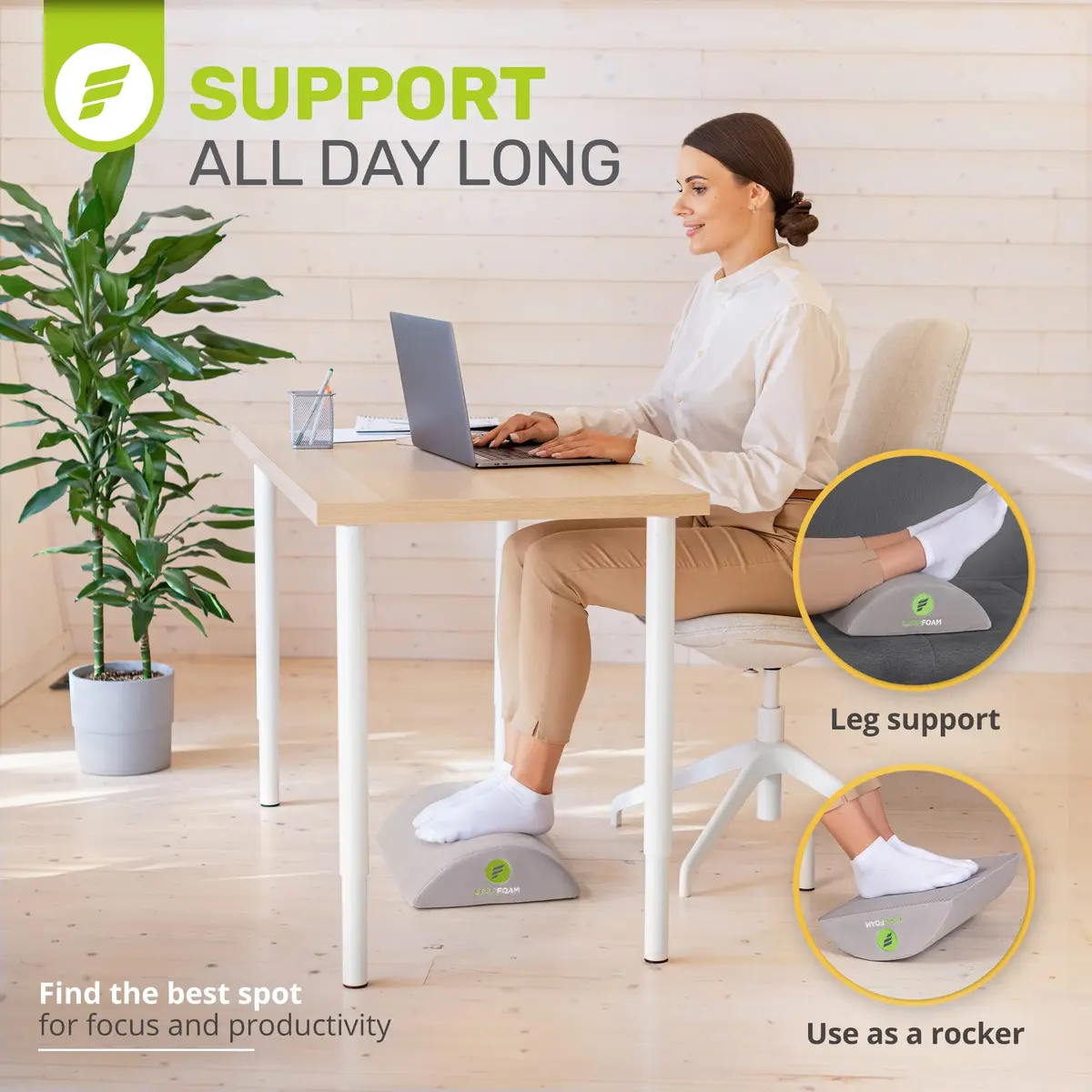 ErgoFoam Ergonomic Under Desk Foot Rest - Premium Velvet Soft Foam Footrest | Rocker (Grey) - view 5
