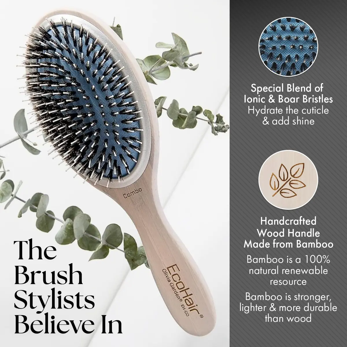 Olivia Garden EcoHair Paddle Bamboo Hair Brush, EH-CO, Combo | Handcrafted Bamboo Handle, Ionic Bristles, All Hair Types - view 5