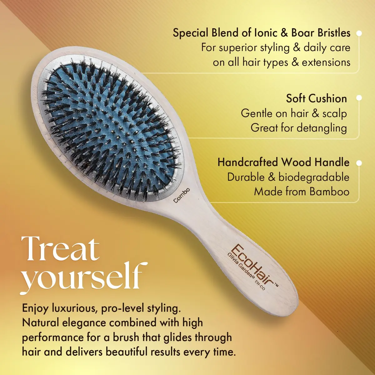 Olivia Garden EcoHair Paddle Bamboo Hair Brush, EH-CO, Combo | Handcrafted Bamboo Handle, Ionic Bristles, All Hair Types - view 4
