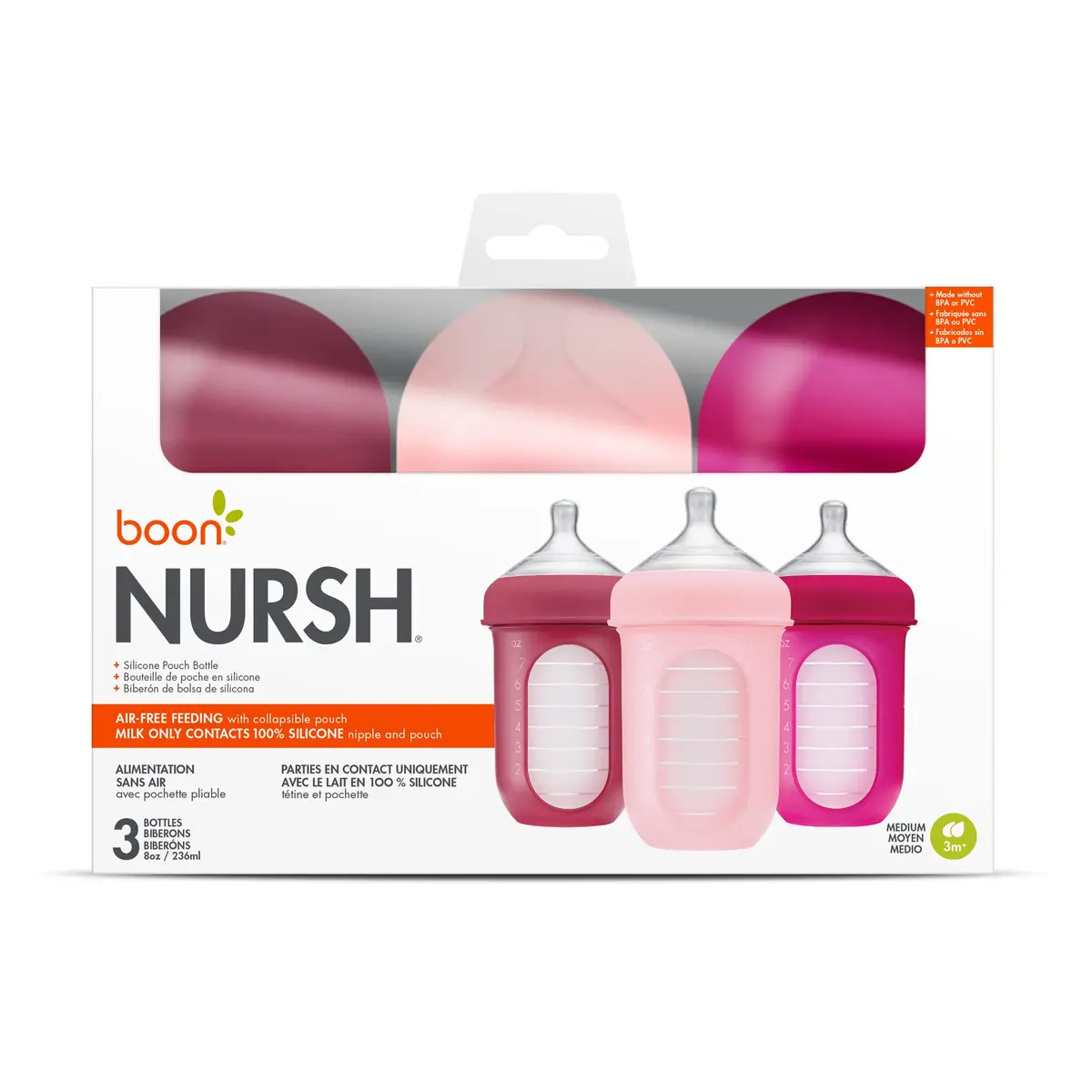 Boon Nursh Silicone Baby Bottles - Pink - 237ml (8 Oz) - 3 Count | Air-Free Feeding Reduces Colic Symptoms - view 7