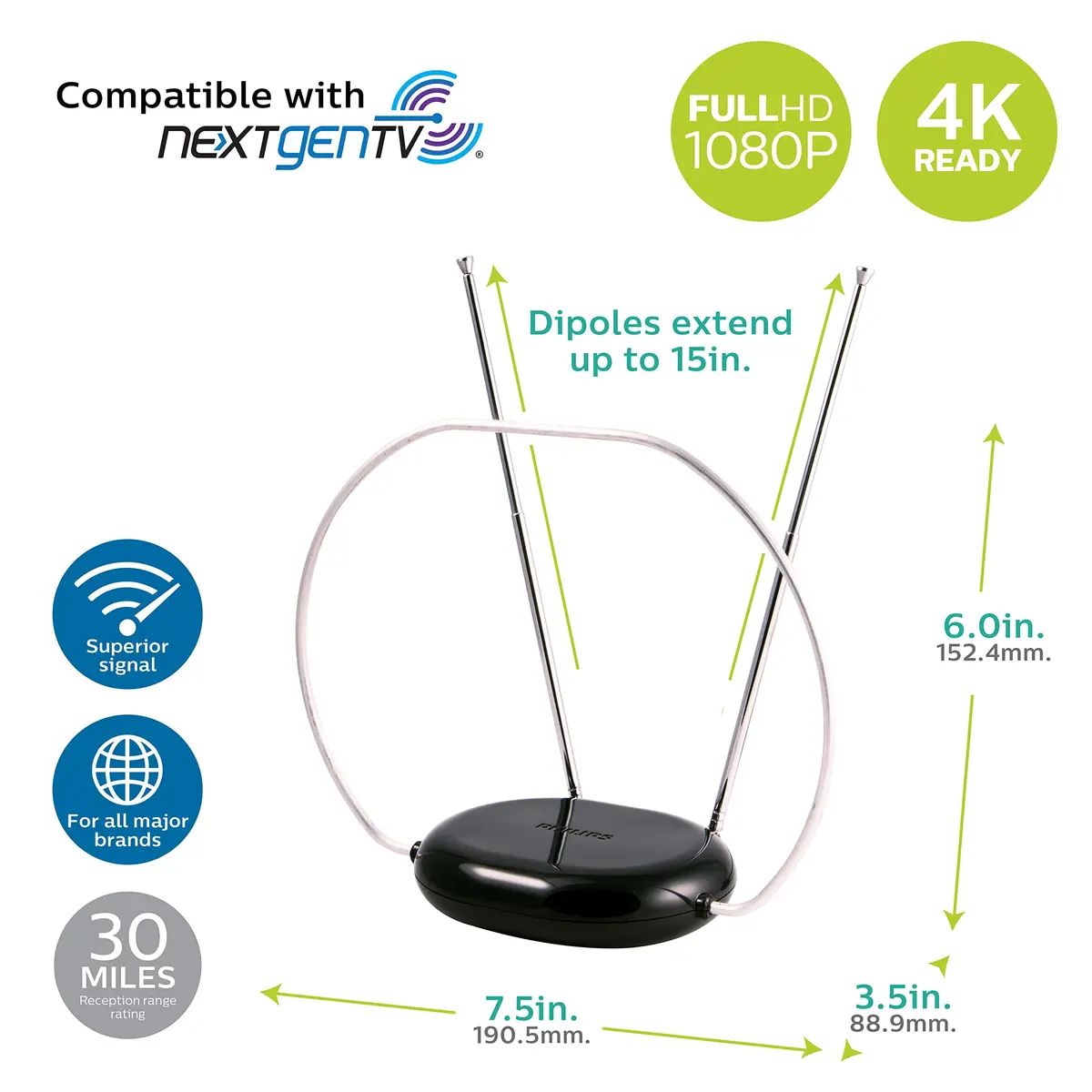Philips Rabbit Ears Indoor TV Antenna, Dipole & Circular Loop | 1080p HD, 4K/8K Ready, ATSC 3.0, Black - view 2
