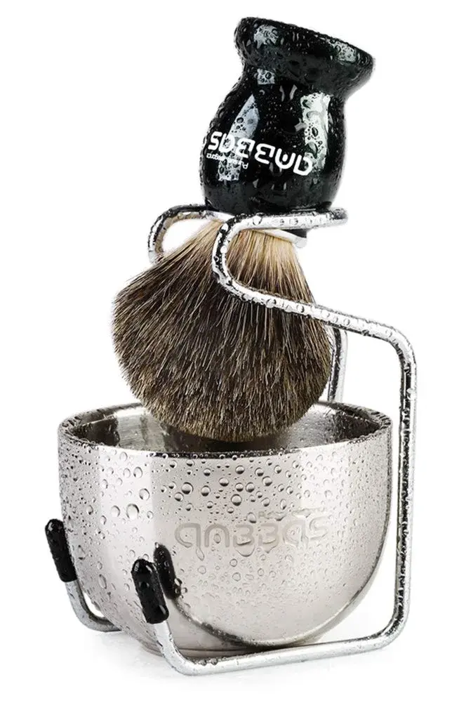 Anbbas Pure Badger Shaving Brush with Wood Handle, Stainless Steel Stand & Bowl | 4-Piece Set - main product image