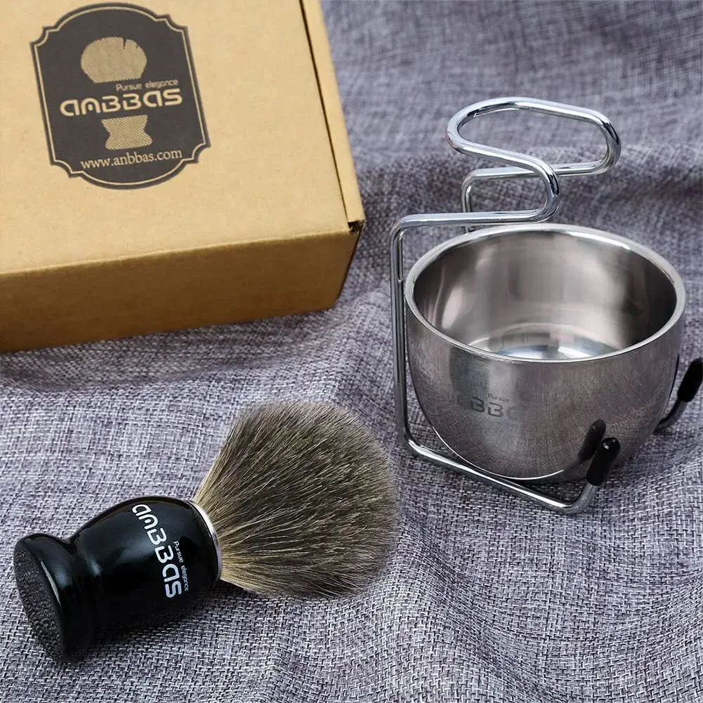 Anbbas Pure Badger Shaving Brush with Wood Handle, Stainless Steel Stand & Bowl | 4-Piece Set - view 5