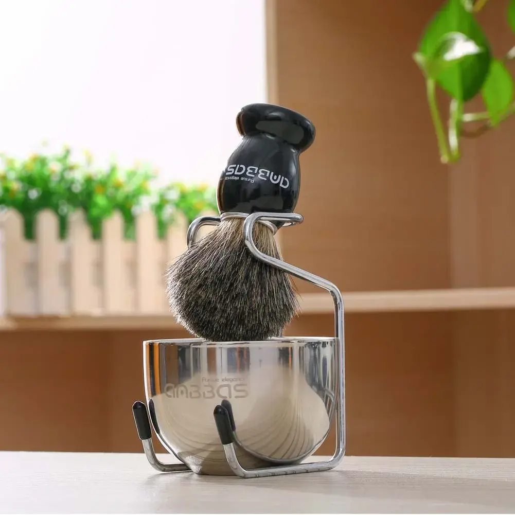 Anbbas Pure Badger Shaving Brush with Wood Handle, Stainless Steel Stand & Bowl | 4-Piece Set - view 2