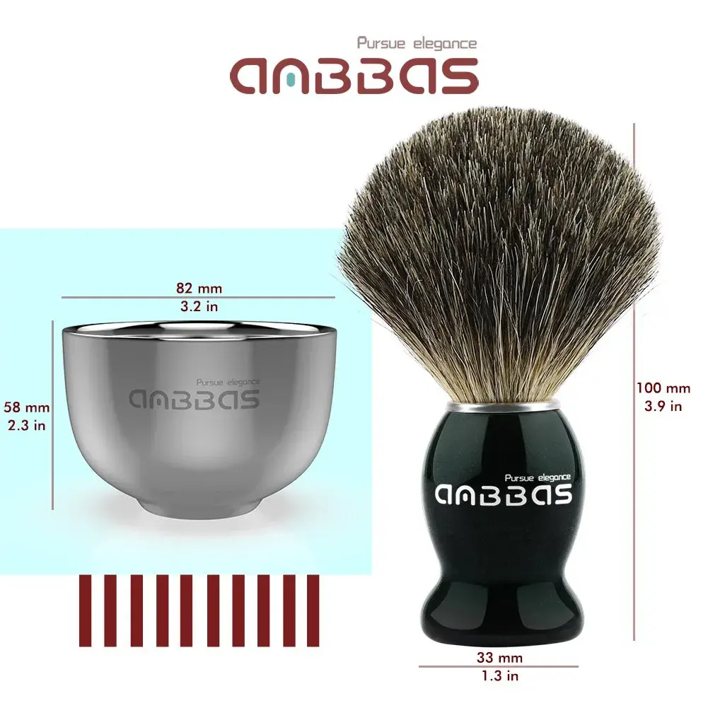 Anbbas Pure Badger Shaving Brush with Wood Handle, Stainless Steel Stand & Bowl | 4-Piece Set - view 3