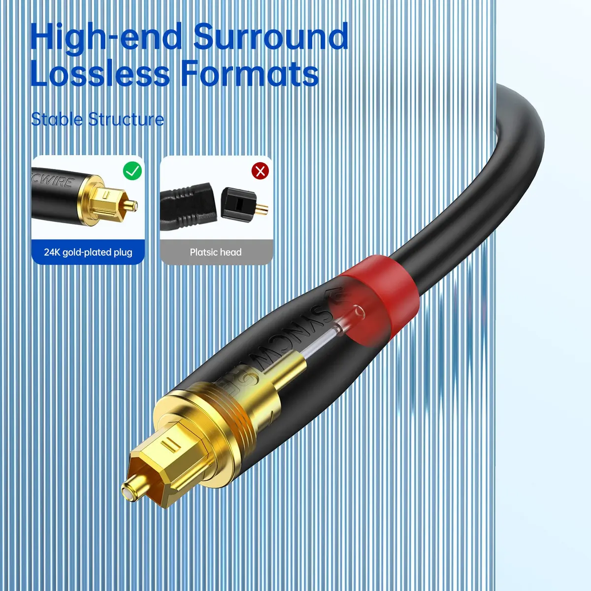 SYNCWIRE Digital Optical Audio Cable 10 ft | 24K Gold-Plated, Ultra-Durable Fiber Optic Toslink Cord for Home Theater & Gaming - view 3