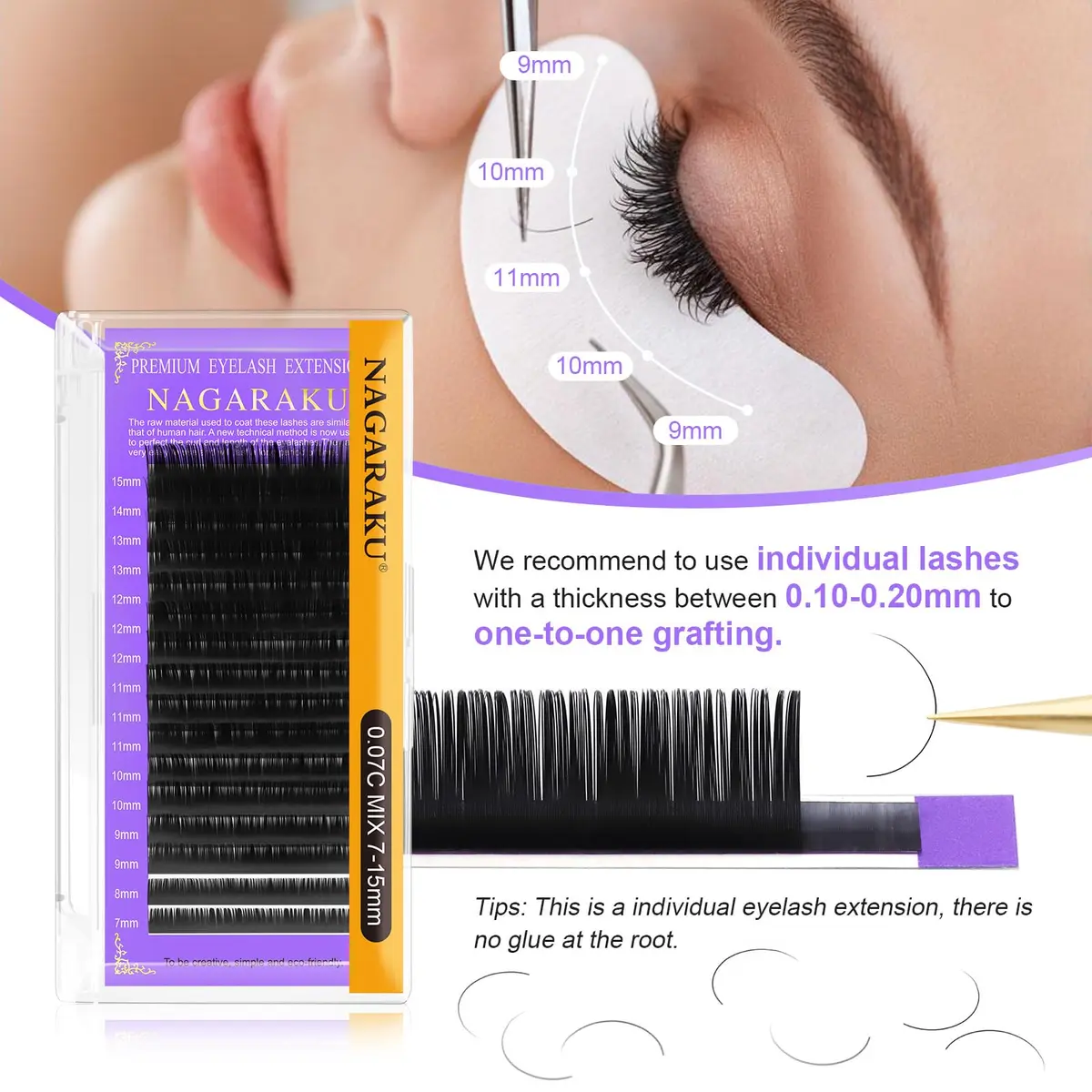 NAGARAKU Classic Individual Lash Extensions 0.07 C 9mm For Volume Fans | Handmade Faux Mink Lashes - view 4