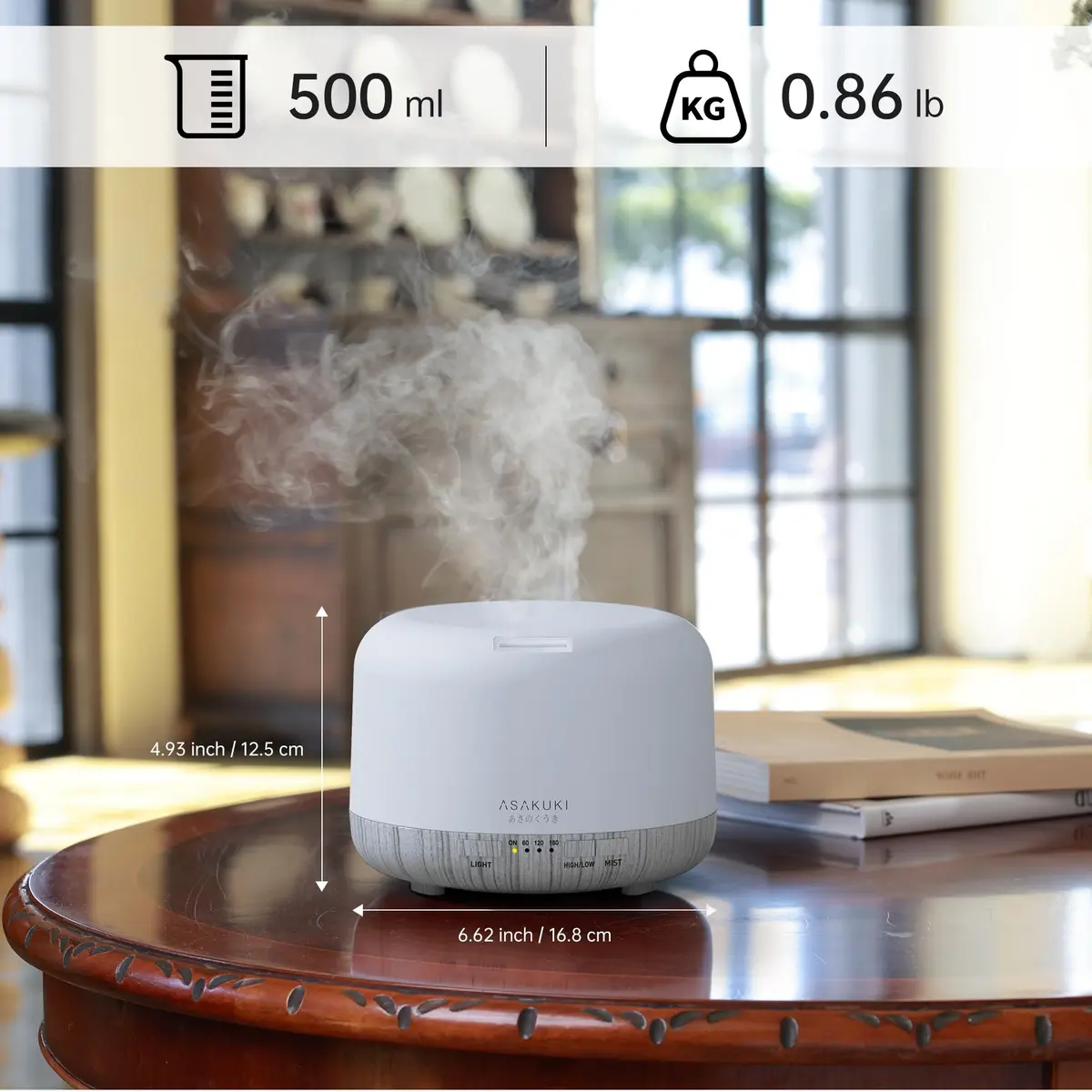 ASAKUKI Essential Oil Diffuser for Home, 500ML Aromatherapy Humidifier with Remote Control & 7 Color LED Lights | 156g (5.5oz) White - view 7