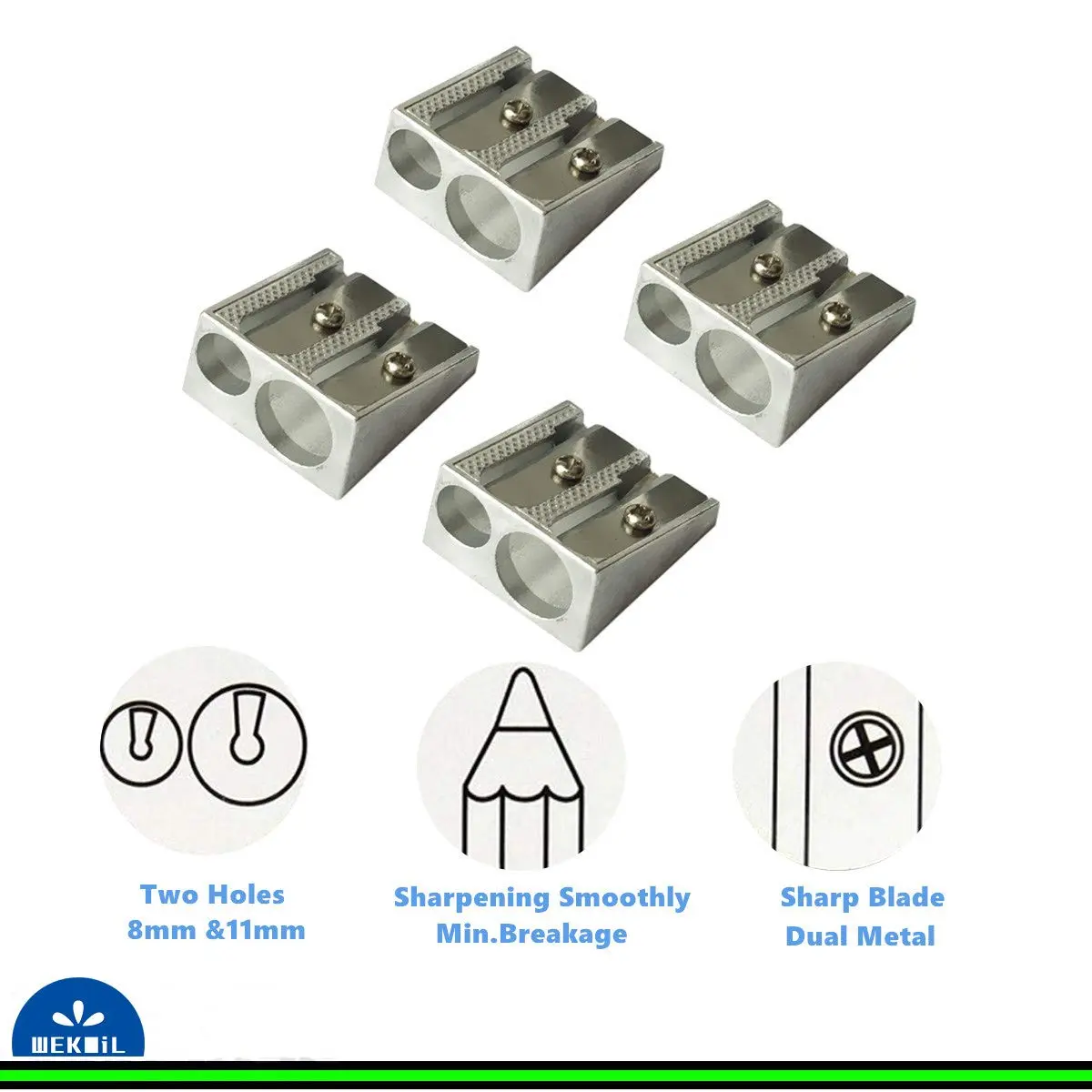 WEKOIL Metal Pencil Sharpeners, Pack of 4, Silver | Dual Hole for Graphite & Colored Pencils - view 3