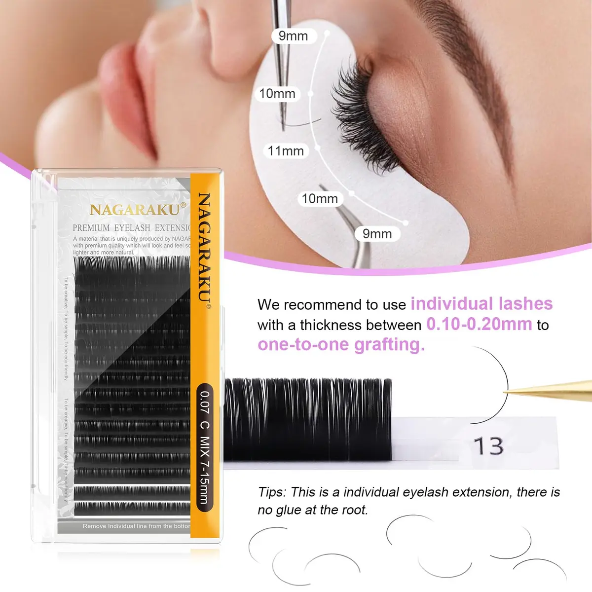 NAGARAKU Classic Individual Lash Extensions 0.10 C 7-15mm Mix | Professional Matte Black PBT Fiber Lashes - view 5