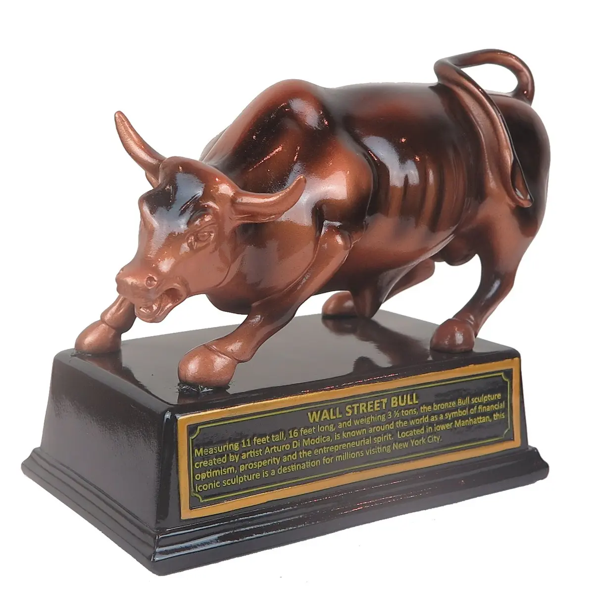 Torkia Official Licensed Bronze Wall Street Bull Stock Market NYC Figurine with Base (Large 6.5") | Collectible Wall Street Figurine - main product image