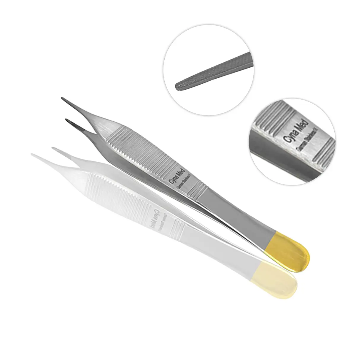 Cynamed 4.75" Adson Plastic Surgery Forceps with Tungsten Carbide Inserts | Serrated Tips, Gold Handle - view 2