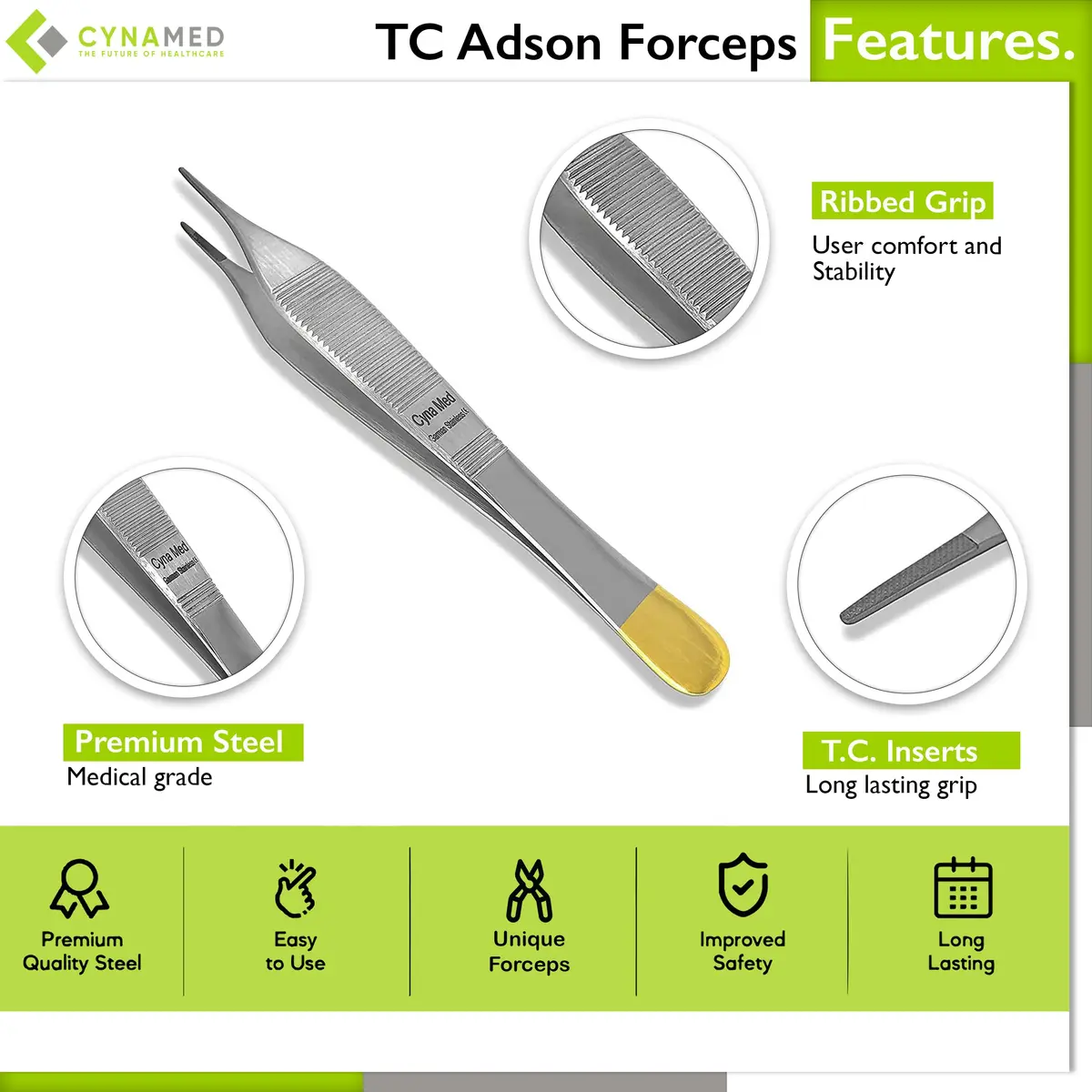 Cynamed 4.75" Adson Plastic Surgery Forceps with Tungsten Carbide Inserts | Serrated Tips, Gold Handle - view 3