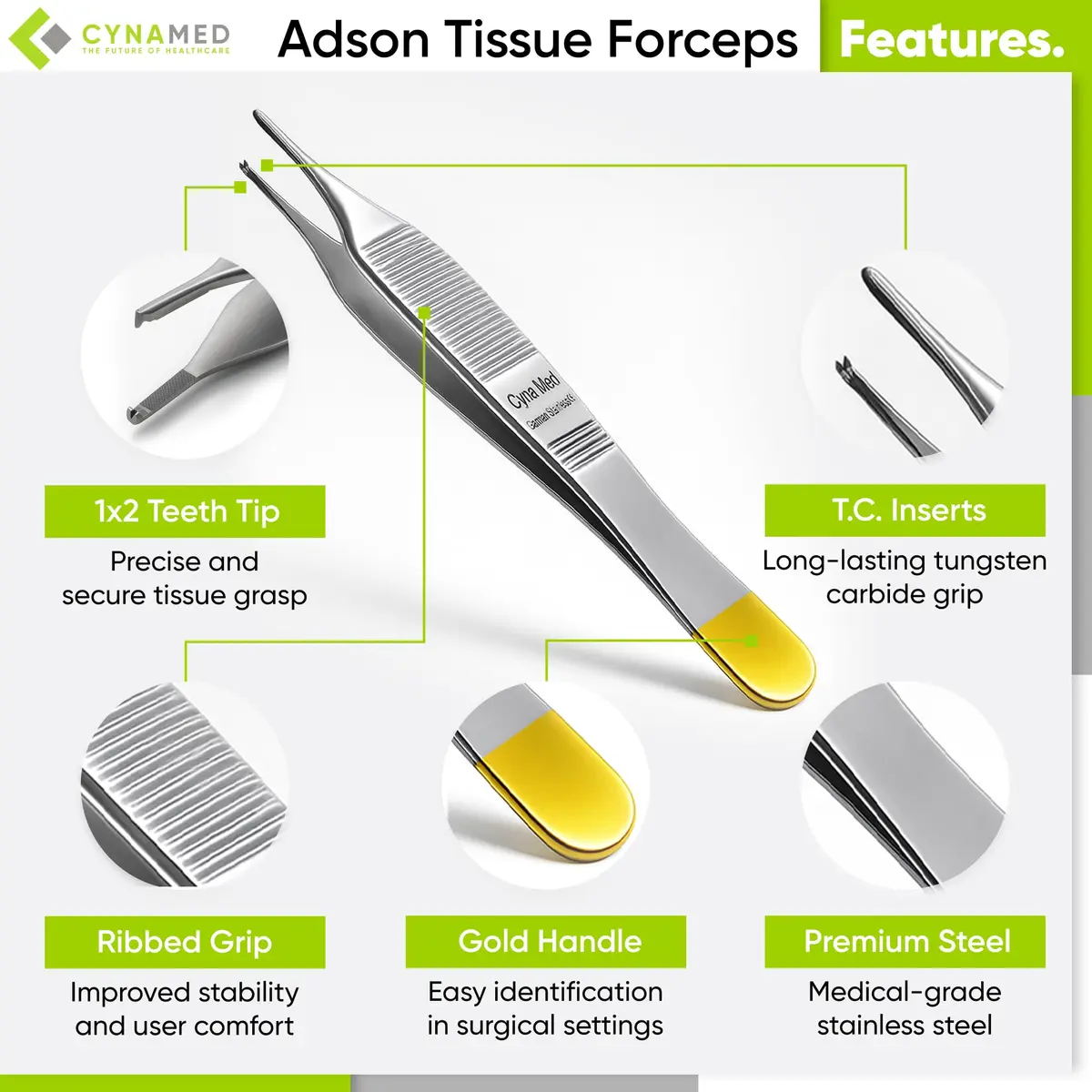 Cynamed Adson Plastic Surgery Forceps 4.75" Straight Fine Point | Tungsten Carbide Inserts with Gold Handle - view 2