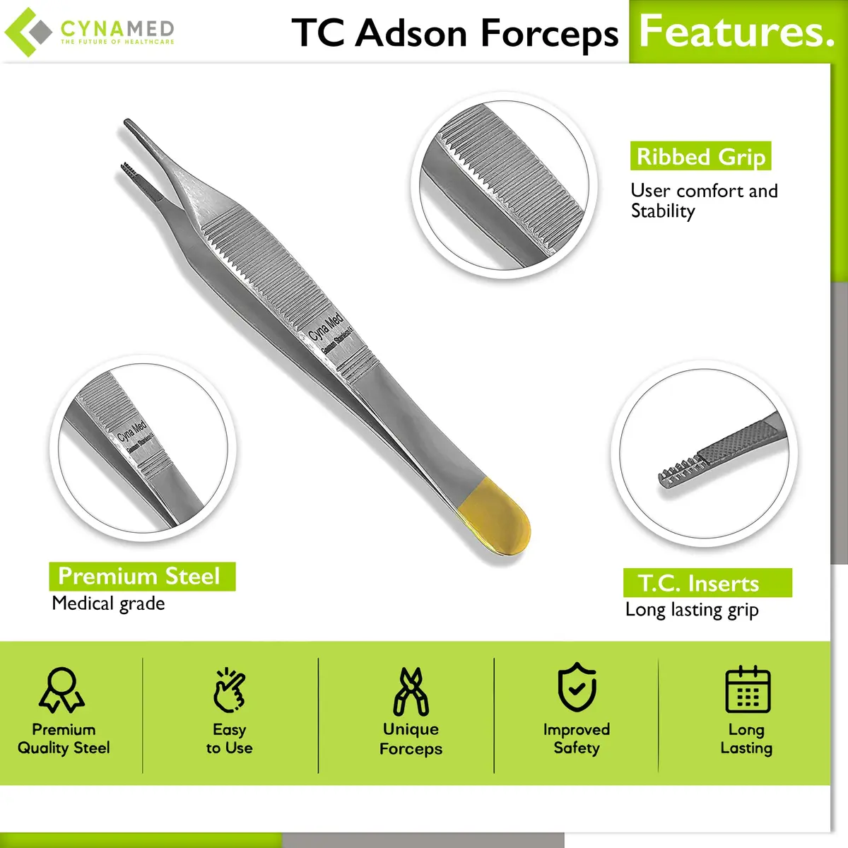Cynamed Adson Plastic Surgery Forceps 4.75" Straight Fine Point Gold Handle | Tungsten Carbide Inserts (9X9 Teeth) - view 2
