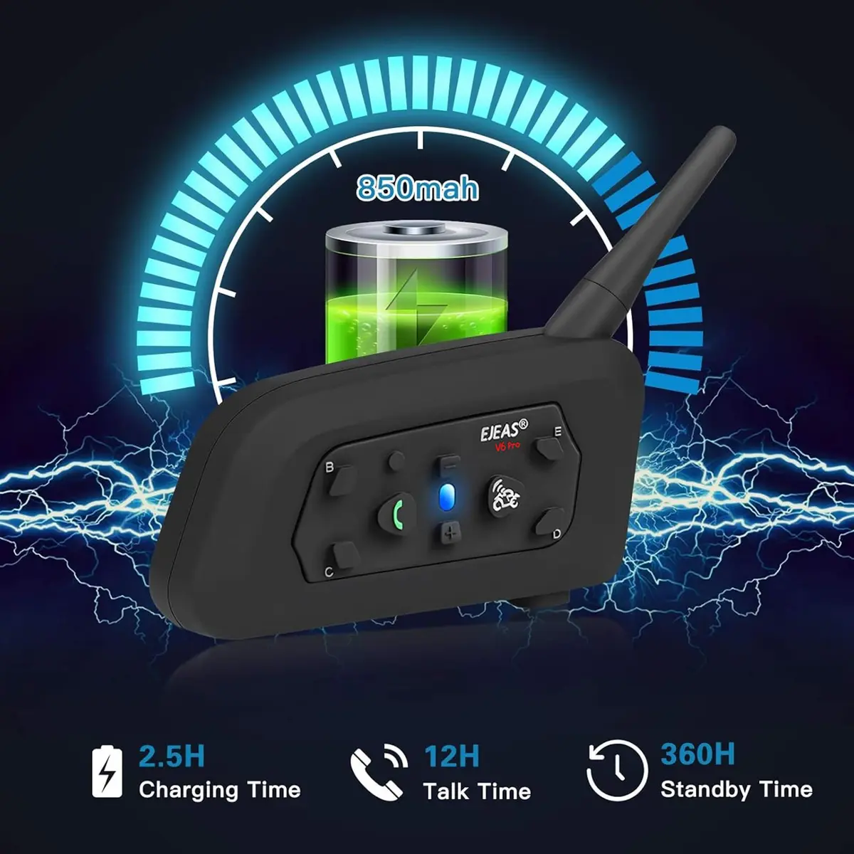 EJEAS V6 Pro Motorcycle Helmet Bluetooth Intercom 850mAh Waterproof Noise Cancellation - view 5