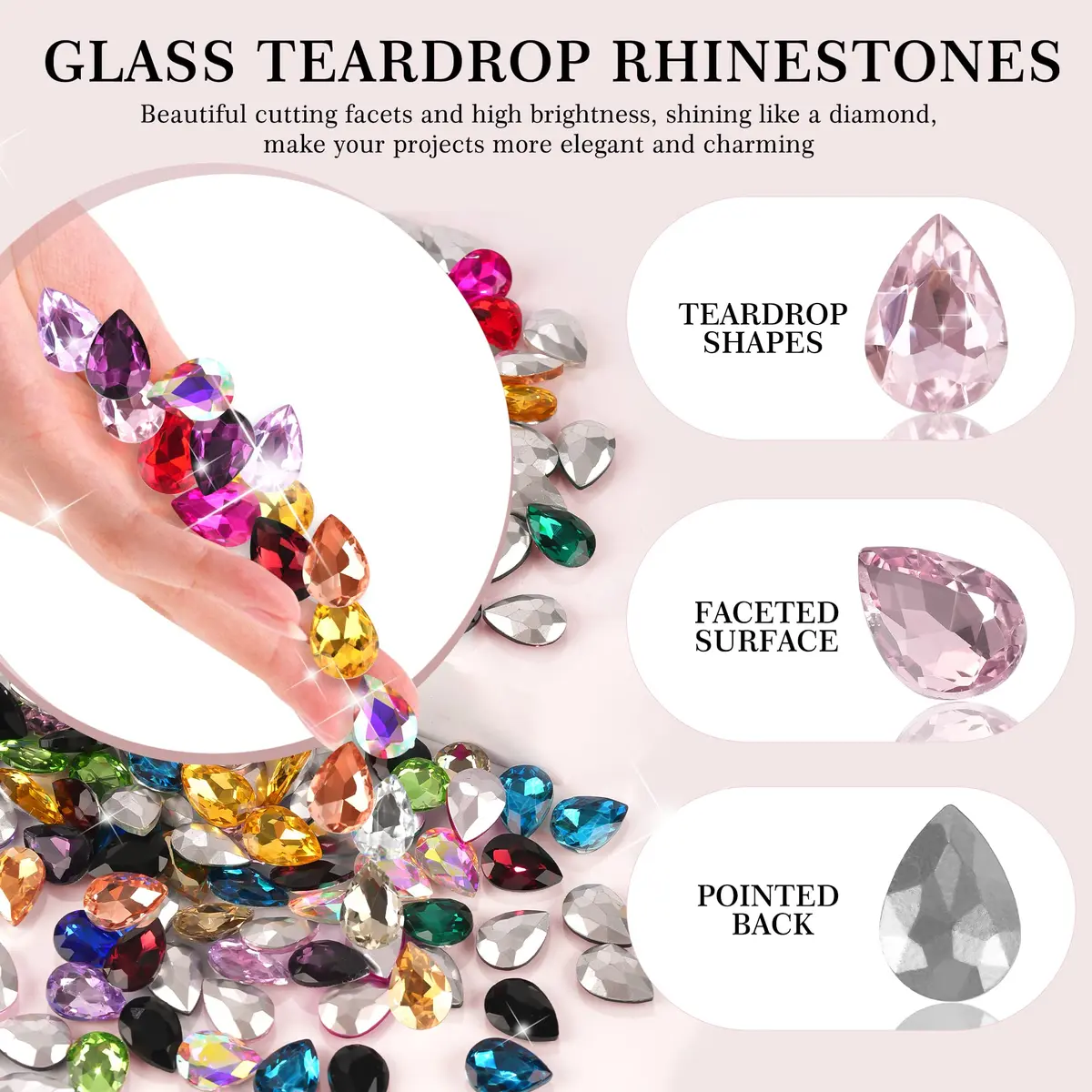 Jyukan Teardrop Crystal AB Resin Rhinestone 14mm x 10mm | Sparkling Pointback Glass for Jewelry & Crafts - view 3