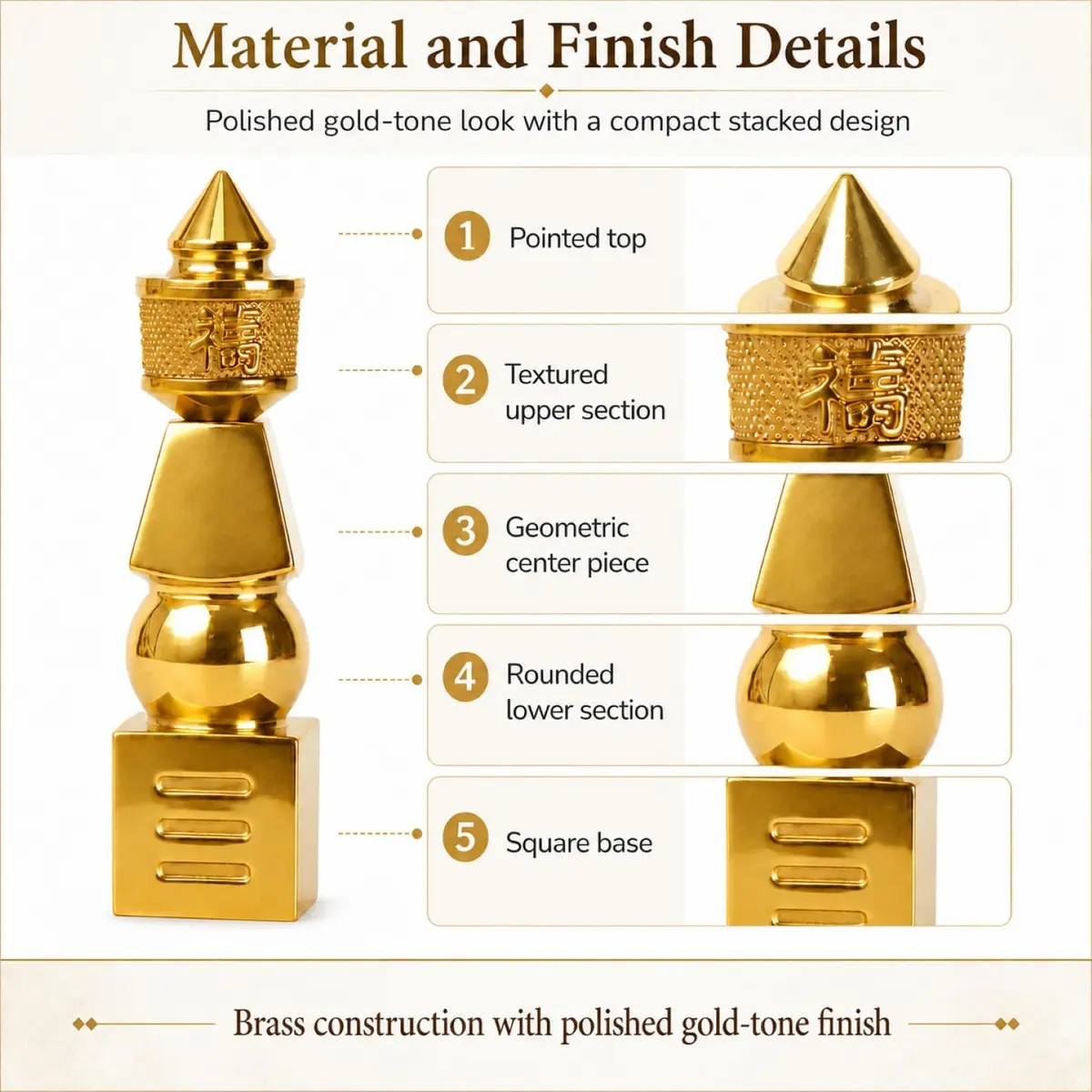 I-MART 5 Element Pagoda Feng Shui Decor 15.2 cm (6-inch) | Brass with Polished Gold-Tone Finish - view 5