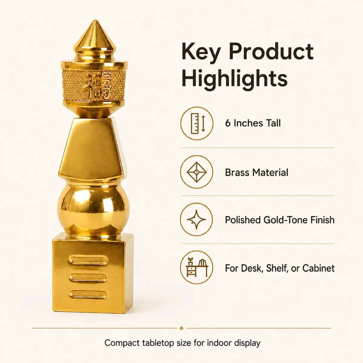 I-MART 5 Element Pagoda Feng Shui Decor 15.2 cm (6-inch) | Brass with Polished Gold-Tone Finish - view 2