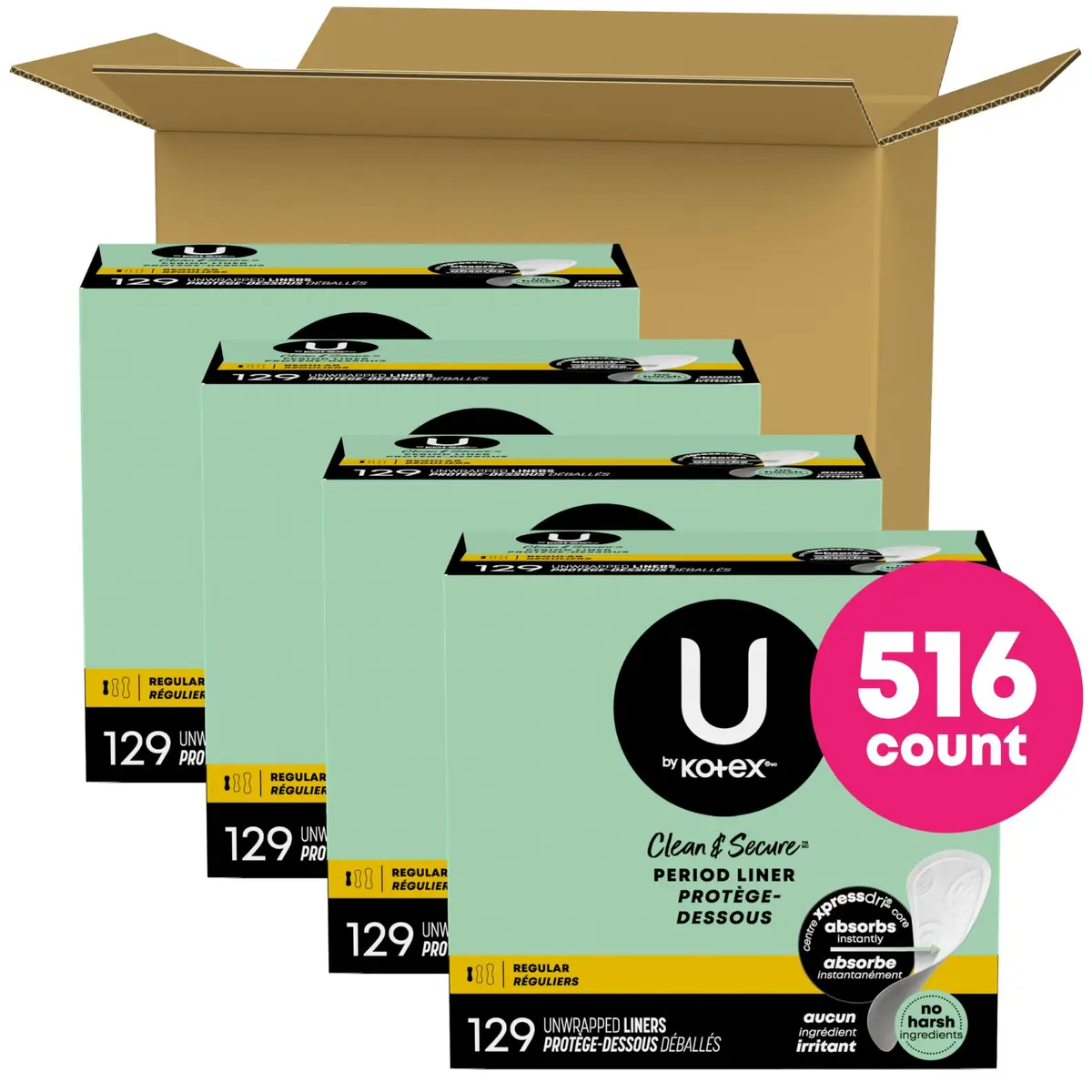 U by Kotex Panty Liners, Light Absorbency, Regular Length, 516 Count | Breathable & Hypoallergenic - view 2