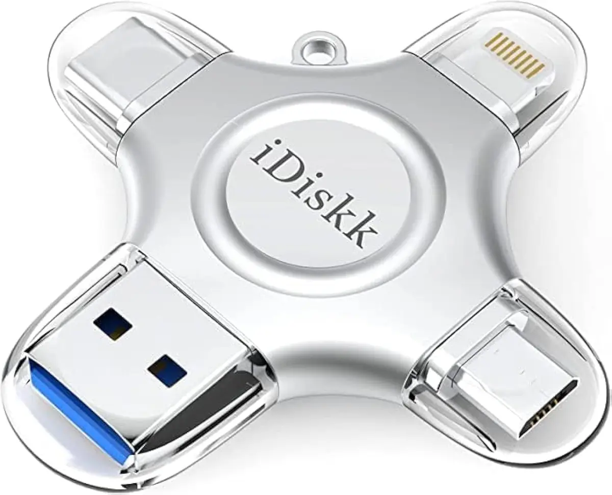 iDiskk 128GB MFi Certified iPhone Flash Drive 128GB (4.25 in x 2.25 in x 0.33 in) | Universal 4-in-1 Photo Stick for iPhone, iPad, Android, Mac - main product image