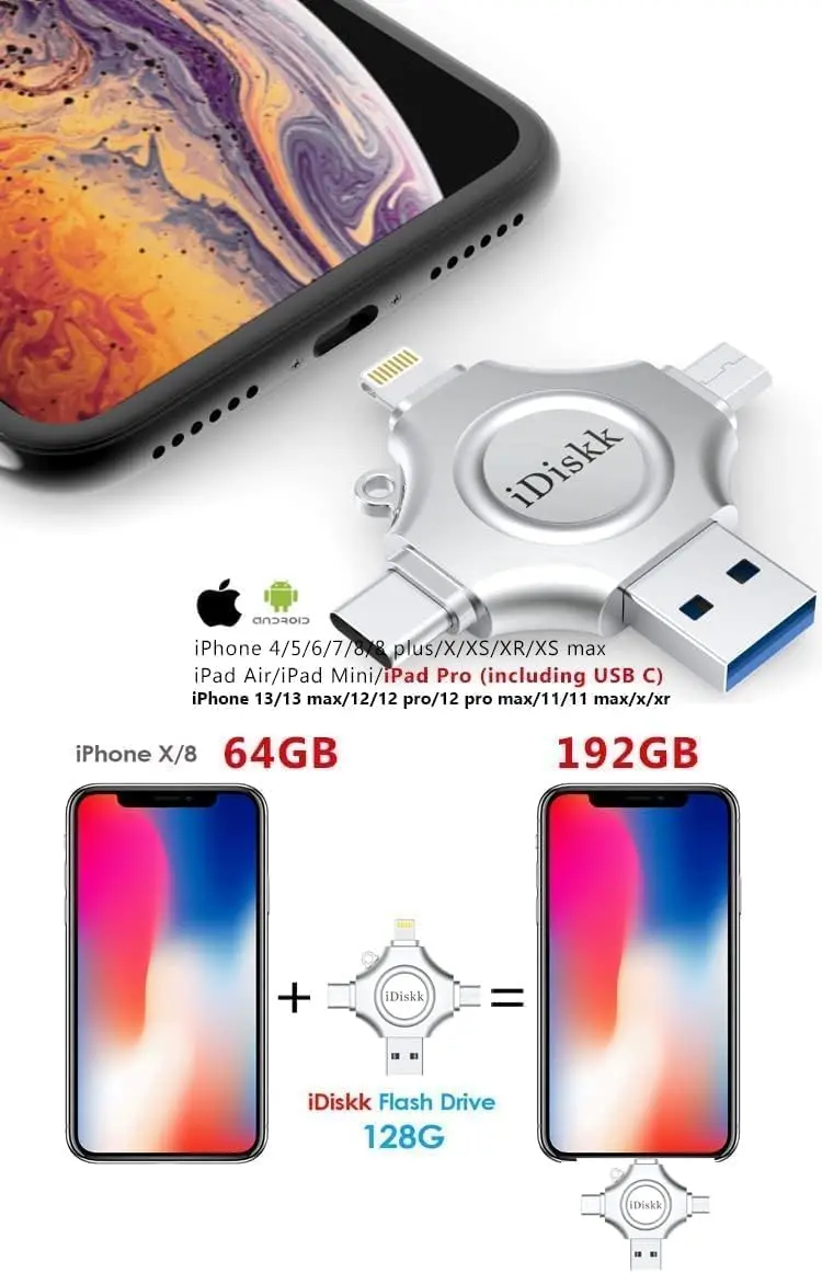 iDiskk 128GB MFi Certified iPhone Flash Drive 128GB (4.25 in x 2.25 in x 0.33 in) | Universal 4-in-1 Photo Stick for iPhone, iPad, Android, Mac - view 2