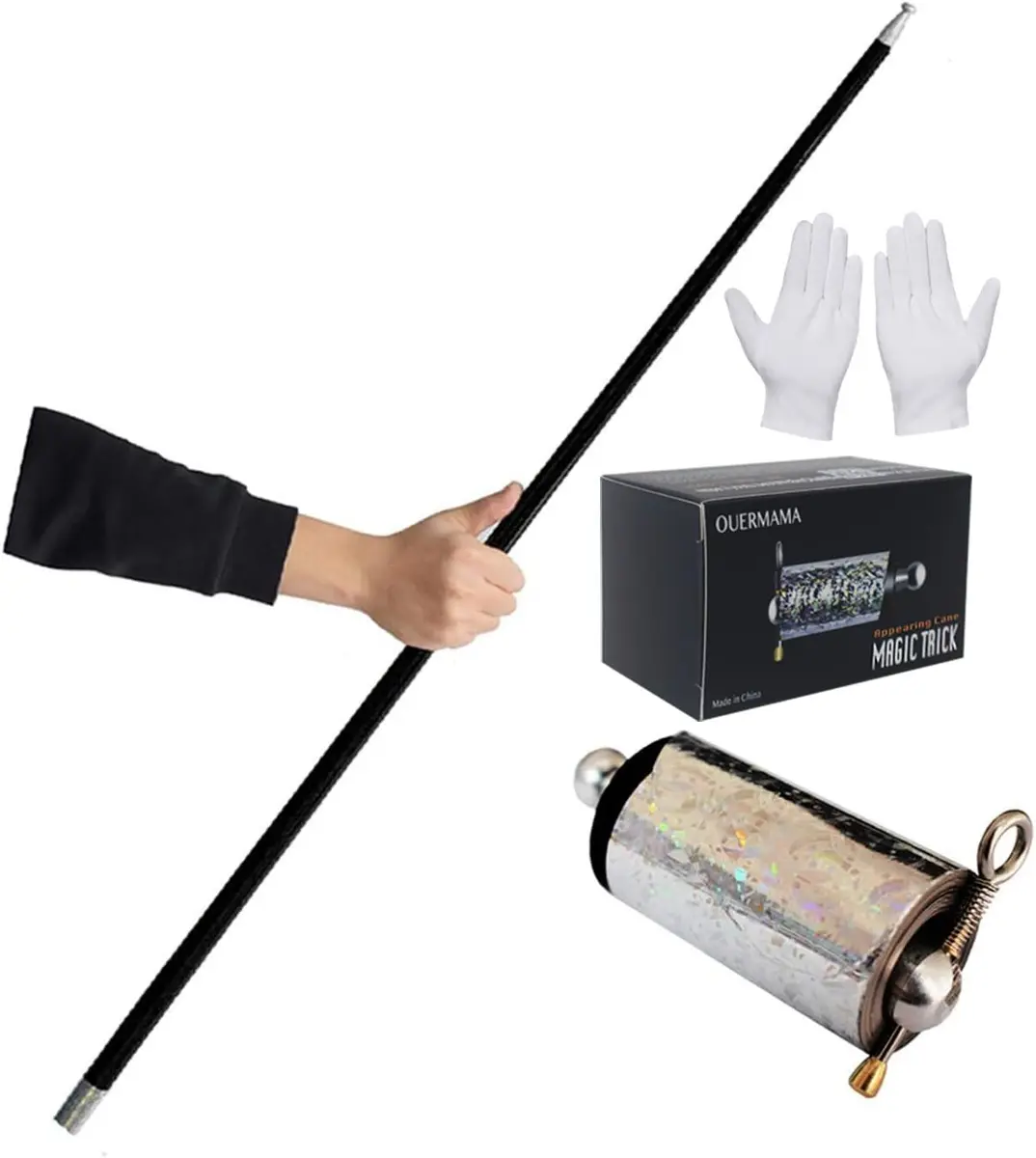 OUERMAMA Black Metal Appearing Cane 1.1 Meter (43.3 Inches) | Professional Stage Magic Trick with Tutorial - main product image