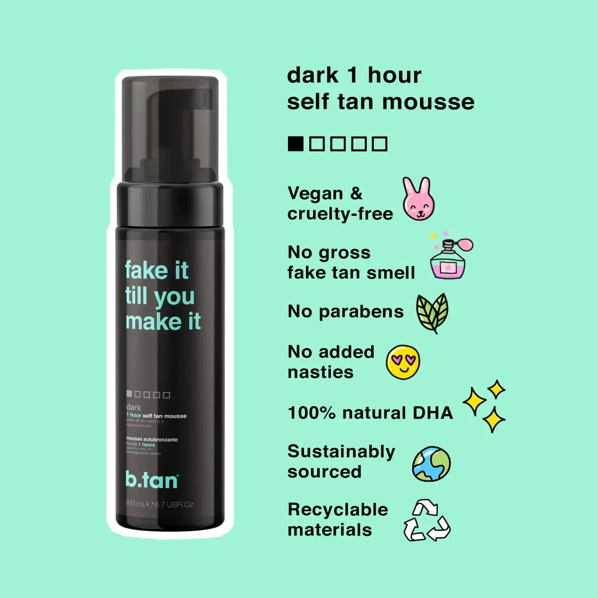 B.TAN Fake It Till You Make It Dark Self Tanner Mousse 200ml (6.7 Fl Oz) | Express 1-Hour Sunless Tanning Foam - view 3