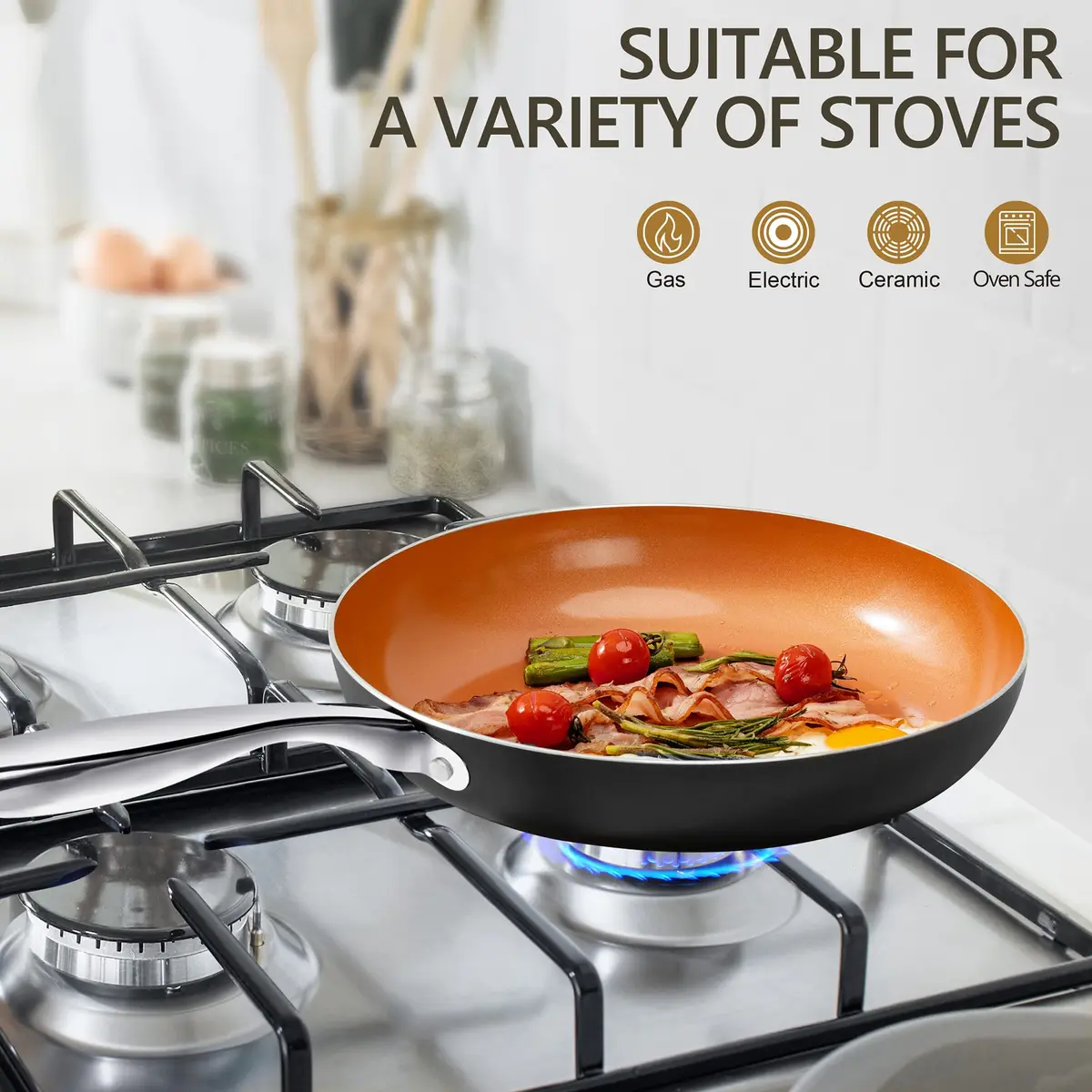 MICHELANGELO 8 Inch Nonstick Frying Pan with Lid | Copper Ceramic Titanium Coating, German Standard Quality - view 4