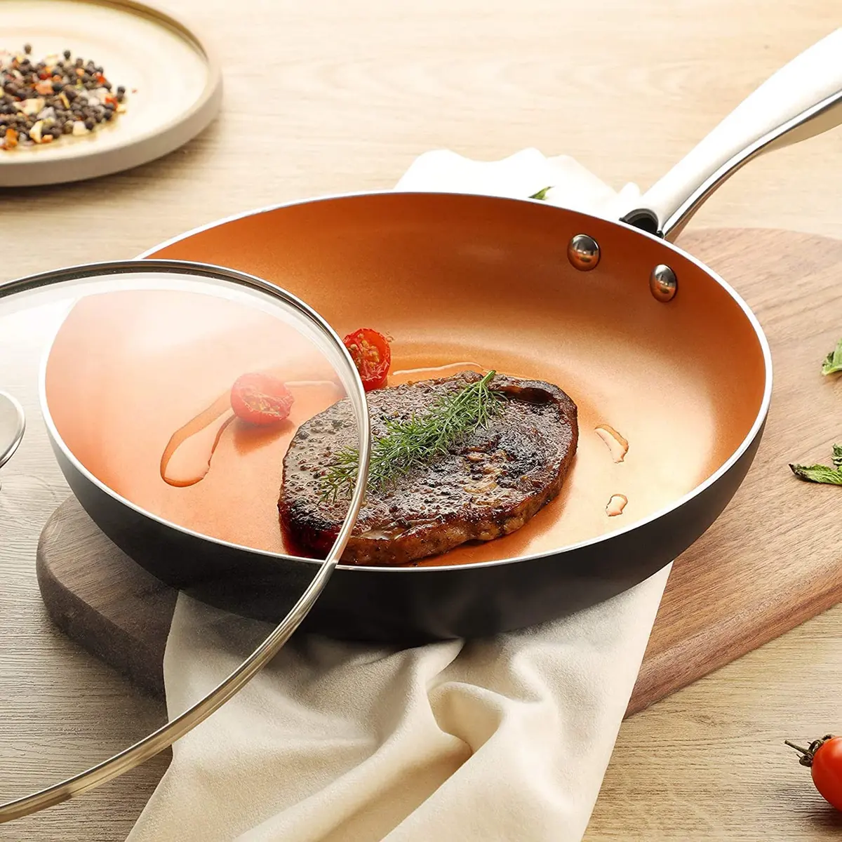MICHELANGELO 8 Inch Nonstick Frying Pan with Lid | Copper Ceramic Titanium Coating, German Standard Quality - view 6