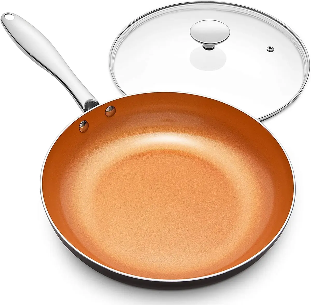 MICHELANGELO 8 Inch Nonstick Frying Pan with Lid | Copper Ceramic Titanium Coating, German Standard Quality - main product image