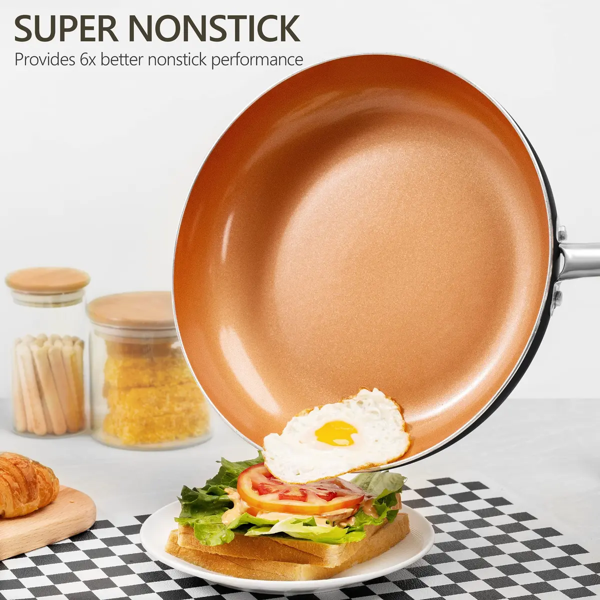 MICHELANGELO 8 Inch Nonstick Frying Pan with Lid | Copper Ceramic Titanium Coating, German Standard Quality - view 2